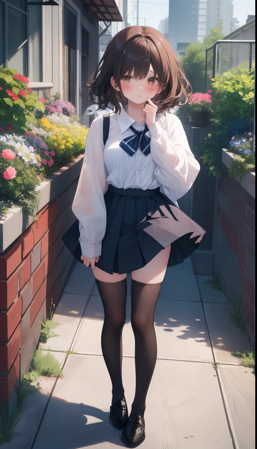 One Girl、Positive、From above、Full body portrait、Brown haired、Medium Haircut、blush、Absolute area、Knee socks、stockings、Black knee-high socks、White underwear、Cleavage、Light blue cut shirt、Unbutton your shirt、Shirt buttons fly off、Navy blue checkered pleated skirt、Very short skirt、garden、Daytime、（Very big boobs）、((Full Body Lesbian))、masterpiece、（highest quality)、Panties around the ankles、loafers、The wind blows up my skirt、vibrator in thighhighs