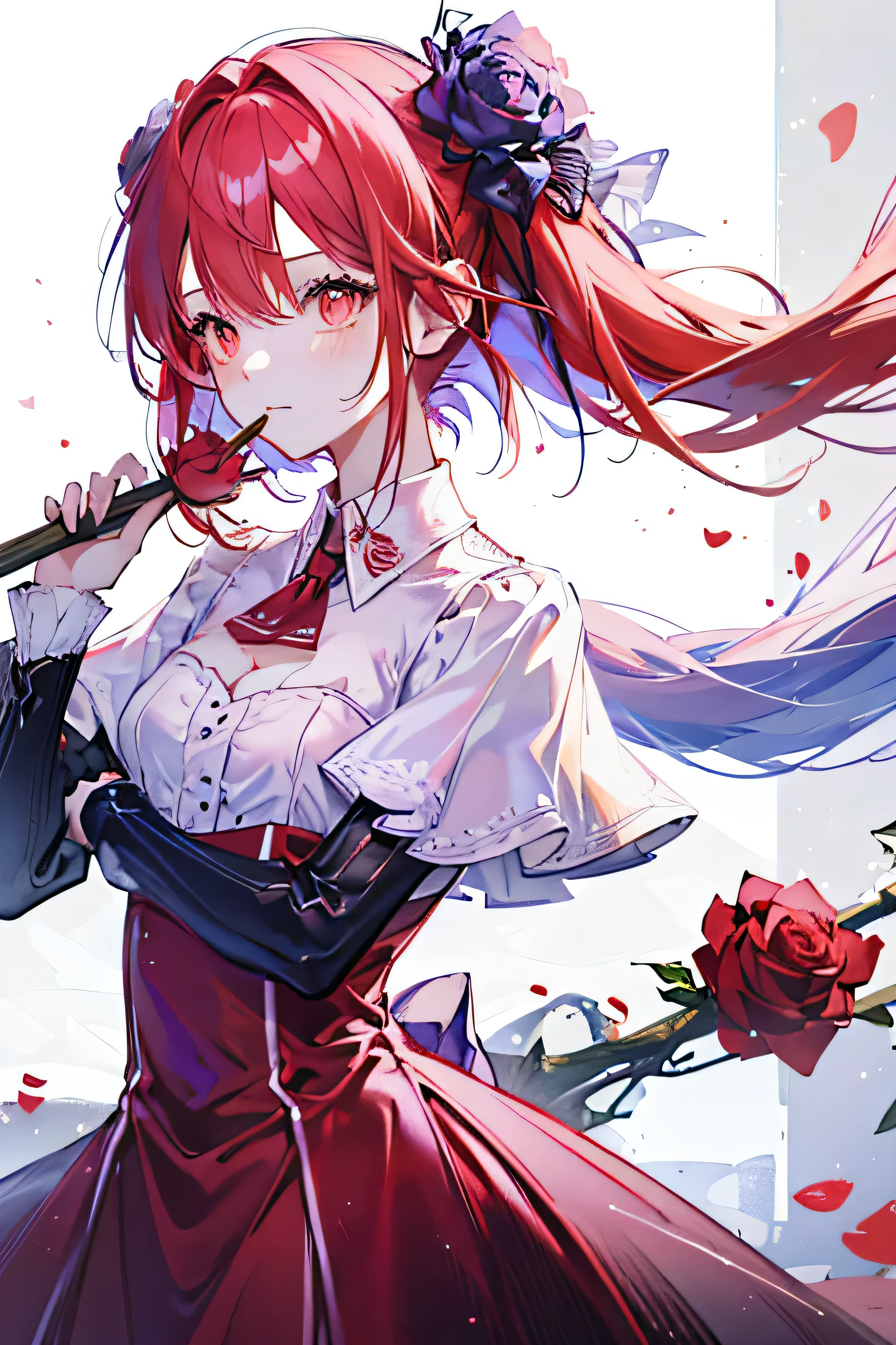 (highest quality, masterpiece), (1 girl, alone, red dress, Are standing , Red hair, red eyes, holding a rose, closed mouth, Upper body), (purple rose flower)