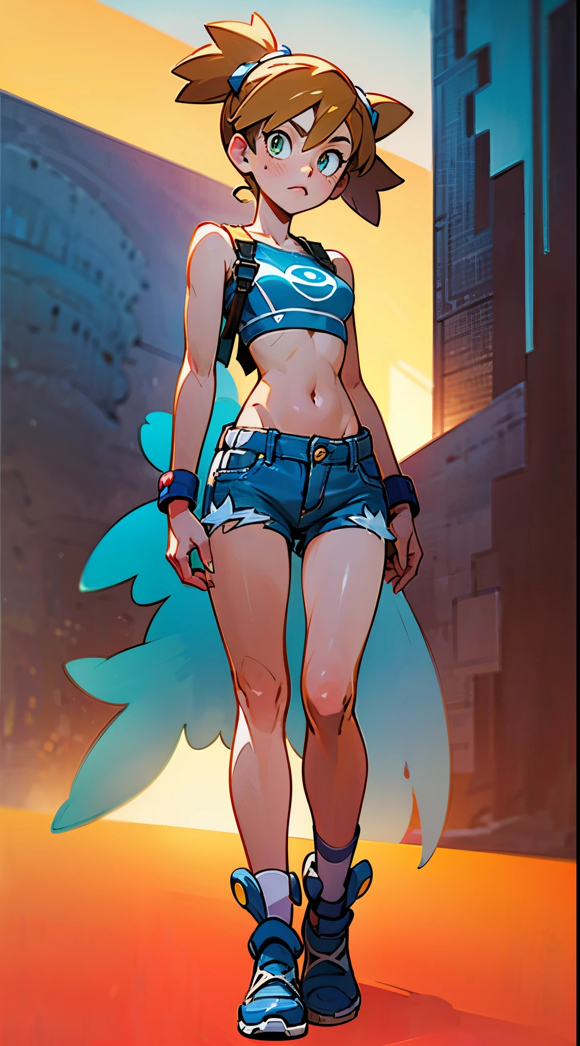 short pants, zip open,(( no bra)), hair flying, short shirt, dynamic pose, full body ,panties,perfect hands, five perfect fingers, (((electric wings))),Powerful electric light in hand, goddess of technology, control over technology.