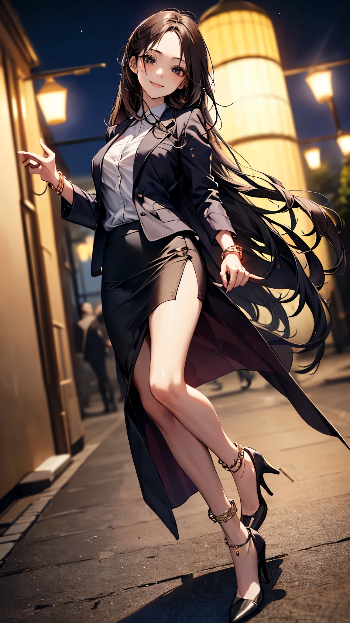 ((Biologically correct limb count))、(( whole body including face))、4K、Masterpiece、((Focus on the face))、((Symmetrical, well-proportioned facial features))、Eyes with delicate depictions、(((1 person)))、Beautiful woman、Outstanding style、Slender Body、((blazer、shirt、Checked Skirt,(High heels with anklets)))、(((coastal)))、(Smiling and smiling)、(Close-up of upper body from behind)、High angle、night、Walking posture、