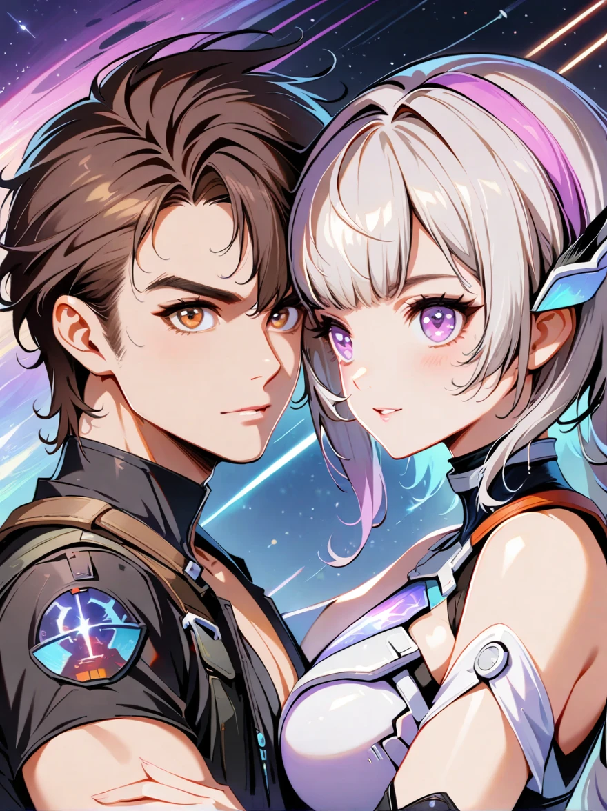 1girl, 1boy, Group photo,Starry sky vortex background,Gorgeous Starlight,Fractal Art,Star Wars,Cyberpunk World Universe,(anatomically correct:1.5)