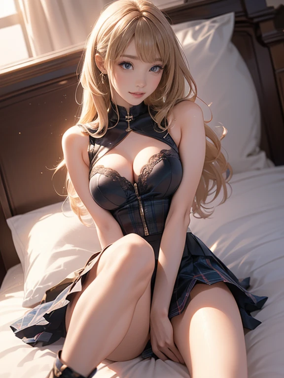 A perfect depiction of beautiful hands and fingers(Increase contrast)、(Increase saturation)、(25 year old super beautiful girl)、(Fair skin)Beautiful woman with perfect figure、Embarrassed face、Shoulder-length hair、Blonde、Hair over the ears、Realistic eyes、Natural Makeup、(((Sparkling eyes、Tears)))、(Exposing breasts、nude、Exposed breasts)((Tartan、Very short mini skirt、knee high boots)) (((Urban and sophisticated bedroom)))sexy、(((Sleeping in bed、Knee Up、Spread your legs、Beautiful eyes)))Super big 、Narrow waist、Long legedium full shot from directly above)))
