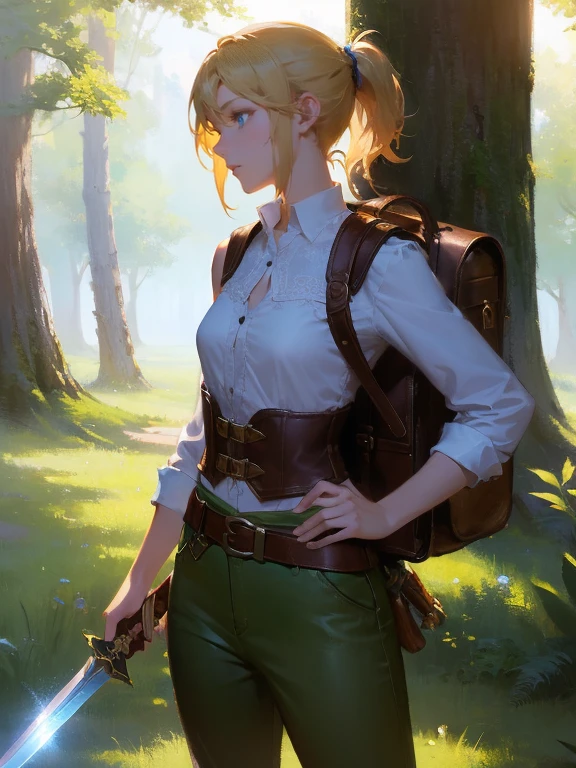 masterpiece, best quality, rpg character art, epic fantasy art style, 1 woman, Emily, 18 year old woman, mature and confident demeanor, full body fantasy concept art, blond hair tied in a loose ponytail, hair comes down to her mid-back, crystal blue eyes, high detail, wearing adventurer gear, fitted white blouse with a high collar, underneath a dark, form-fitting vest or tunic, (((blouse has small brown leather shoulder pads))), olive green pants with a leather belt tucked into knee-high brown learher boots, backpack, (((sword sheathed at her waist))), backpack is on her back, attire is modest but feminine, intricate details, ultra high resolution, sharp focus, HD, 8k, clear facial features, clear details, clearing in a forest bacground, close-up view of Emily gathering wind aether in her palm