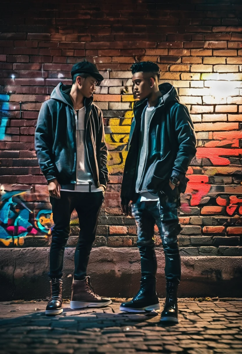 (two using soft street casual clothes for him),
soft street clothes,
light street clothes,
city at night,
smoth colors,
smoth light,
dark grey color grading,
mid cut boots,
casual watch,
wet street,
sub urban street,
walls made with bricks,
graffiti,
hdr,