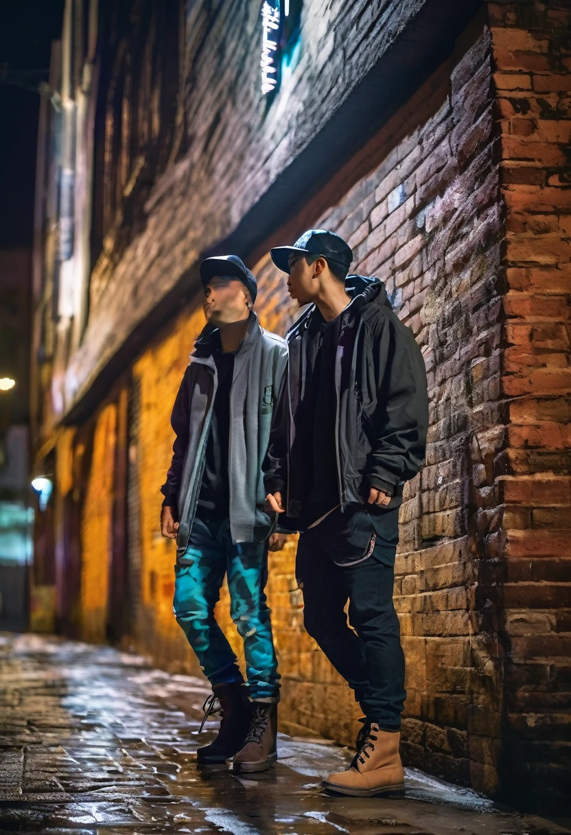 (two using soft street casual clothes for him),
soft street clothes,
light street clothes,
city at night,
smoth colors,
smoth light,
dark grey color grading,
mid cut boots,
casual watch,
wet street,
sub urban street,
walls made with bricks,
graffiti,
hdr,