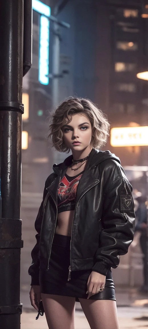 Camren Bicondova, 1 girl，jaket，dark cloude，Sateen，luring，hoody，Superskirt，Open Jacket，backpackessy hair，Trends on Artstation，8K resolution，The content is very detailed，Anatomically correct，Sharp Images，digitial painting，concept-art，Trends on pixiv，tmasterpiece, Best quality at best, In the cyberpunk city，stop，
