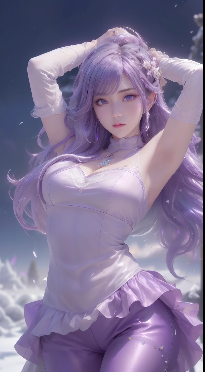 (logo、masterpiece、8k、table top、RAW photo、wonderful、最high quality、Photorealistic and hvery detailed CG integrated 8k wallpaper、high quality、very detailed、Narrative poem、particle effects、dynamic effects、written boundary depth、cinematic light、Lens flare、ray tracing)、fantasy、 (1 beautiful woman、light purple hair、beautiful face、real face、beautiful detailed eyes、beautiful skin、woman dancing gracefully:1.7、woman dancing gracefully:1.7)、Hair flutters in Wind、hair bounces、髪がWindで踊る、hair jump、halter neck、leather pants suit、leather jacket、silver earrings、night、Wind、darkness、雪とhoarfrost、very cold winter day、snow-capped mountainや森、hoarfrost、snow-capped mountain々、The beauty and brilliance of frost-covered trees、Serenity and beauty meadow of ice and snow world、vast land、Lakeside、wonderful景色、美しい自然のWind景、night空、Wind、cherry blossoms、cherry blossomsの花びらが舞っている、cherry blossoms吹雪、falling petals