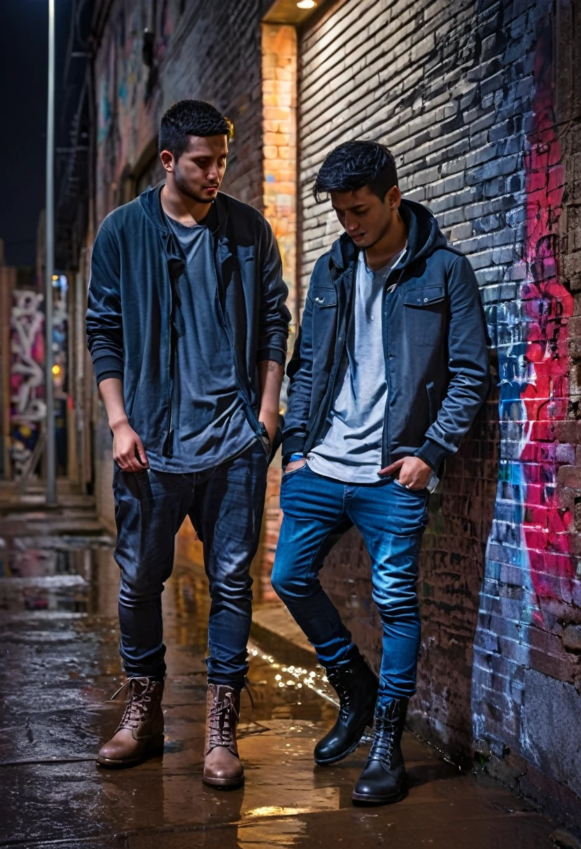(two using soft street casual clothes for him),
soft street clothes,
light street clothes,
city at night,
smoth colors,
smoth light,
dark grey color grading,
mid cut boots,
casual watch,
wet street,
sub urban street,
walls made with bricks,
graffiti,
hdr,