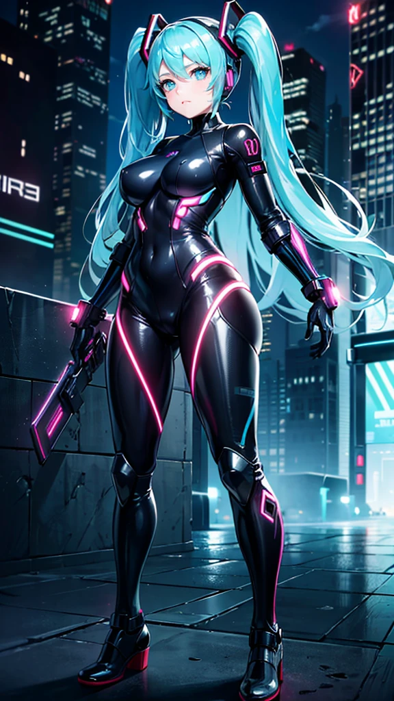 ((Highest quality))、(masterpiece)、Hatsune Miku VOCALOID、(Twin tails)、Light blue hair、Water-colored pupils、cyber punk、Ultimate Physical Beauty、Big Ass、(Big Breasts)、Bodysuits、Sexy pose、-yeld gihas electronic visor fitted to her face、red latex body、Cyberpunk mode、(Light blue hair:1.4),Breast enlargement、Neon lights in the dark city at night,Unreal Engine:1.4,Ultra-high resolution,La highest quality:1.4, Realistic:1.4, Skin Texture:1.4, masterpiece:1.8,masterpiece, highest quality,（Beautifully detailed eye depiction）