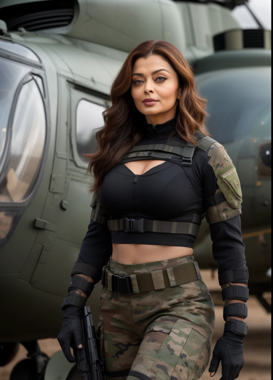 50yo MATURE MILF AISHWARYA RAI, with assault riffle in hands, (photorealistic), beautiful lighting, best quality, realistic, full body portrait, real picture, intricate details, depth of field, 50-years-old, standing next to army helicopter, very attractive mature milf solider, ((open hair with highlights)), wearing millitary black shorts and bandeau tight crop top showing huge cleavage, knee high boots, combat gloves, (kneepads), highly-detailed, perfect face, hazel eyes, lips, wide hips, ((mature hourglass figure)) make up, tacticool, Fujifilm XT3, outdoors, bright day, Beautiful lighting, RAW photo, 8k uhd, film grain, ((bokeh))