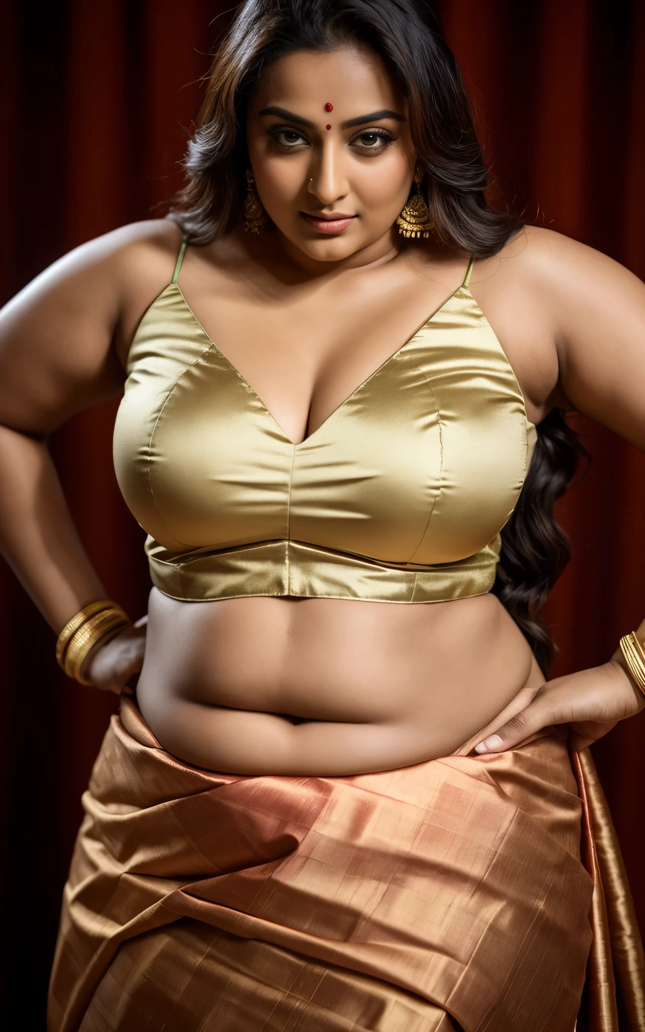 Foto RAW, photorealistic, photography, full body shot, master shot, perfect eyes, goddess like beauty, pierced eyes, perfect thick chubby mallu Desi aunty bhabhi, Wearing a Stanapatta, a chest-band.Saree model, model Photography, Indian saree shoot, Indian traditional wear advertising photography, traditional wear brand shoot, face of Indian actress Sonakshi Sinha, masterpiece, realistic, realism, incredible details,  pleasure, photorealism, detailed skin, skin pores, high contrast, photorealistic Artstation 8k HD digital art trend of high definition and detailed realistic skin texture, ultra detail, realistic skin texture, armature, best quality, ultra high definition, (photorealistic:1.4),, high resolution, detail, raw photo, sweat, Re sharp, by Lee Jefferies Nikon D850 Film Stock Photo 4 Kodak Portra 400 Camera F1.6 Lens Rich Color Ultra Real Realistic Realistic Textures Dramatic Lighting Unreal Engine Trending at Art Station Cinestill 800,(pele altamente detalhada: 1.2), 8k UHD, DSLR, soft-lighting, alta qualidade, grain of film, Fujifilm XT3,she didn't like to wear blouse or bra, she is happy to wear only saree, she hates blouse or bra, detailed hairy armpits, hyper realistic skin, skin pores, sweat, veins, 