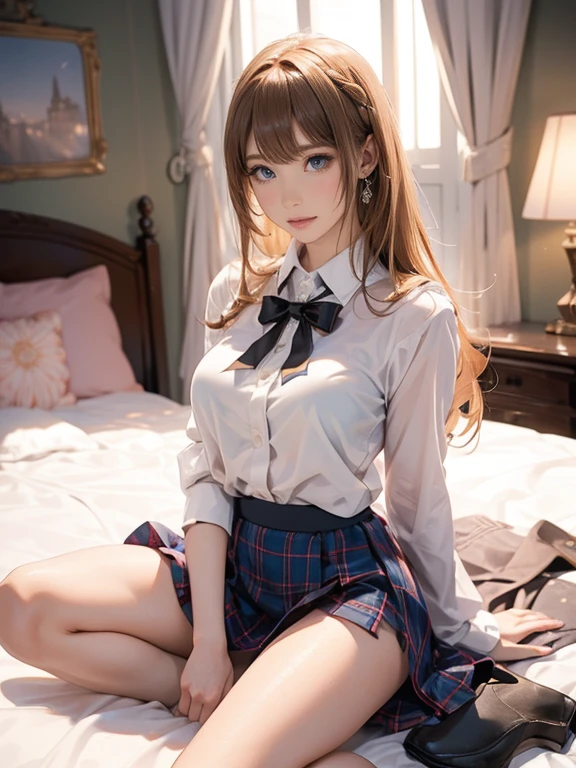 A perfect depiction of beautiful hands and fingers(Increase contrast)、(Increase saturation)、(25 year old super beautiful girl)、(Fair skin)Beautiful woman with perfect figure、Embarrassed face、Shoulder-length hair、Blonde、Hair over the ears、Realistic eyes、Natural Makeup、(((Sparkling eyes、Tears)))、(nude、上半身nude)((Tartan、Very short mini skirt、knee high boots)) (((Urban and sophisticated bedroom)))sexy、(((Sleeping in bed、Knee Up、Spread your legs、Beautiful eyes)))Super big 、Narrow waist、Long legedium full shot from directly above)))