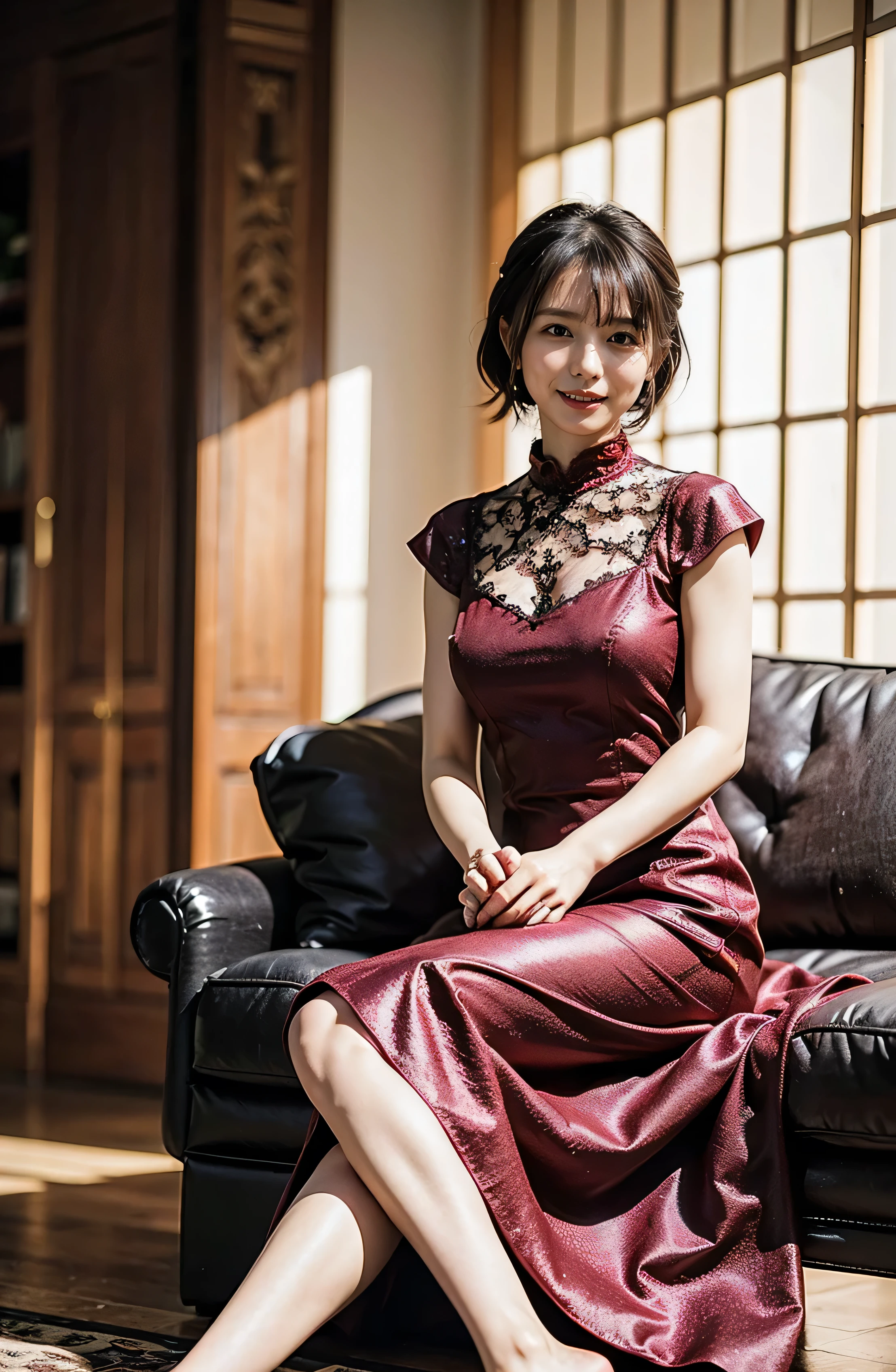 Tie your hair up、Shiny Dress、Big Smile、A lovely smile、A luxurious wine red dress with lace、Silk dress、Stunning gardens、Colorful flowers々is blooming、Shiny Dress in dark red silk、A luxurious dark red dress、Braided hair only for the bangs（（wedding ceremony:1.4））、Full body photo、smile、 Caustics、Highly detailed photos、Very beautiful eyeedium Short Hair、Large Breasts、Super no makeup、(8k、RAW Photos、highest quality、masterpiece:1.2)、(Realistic、Realistic)、1 girl、((Medium Short Hair、Looking into the camera:1.4))、
