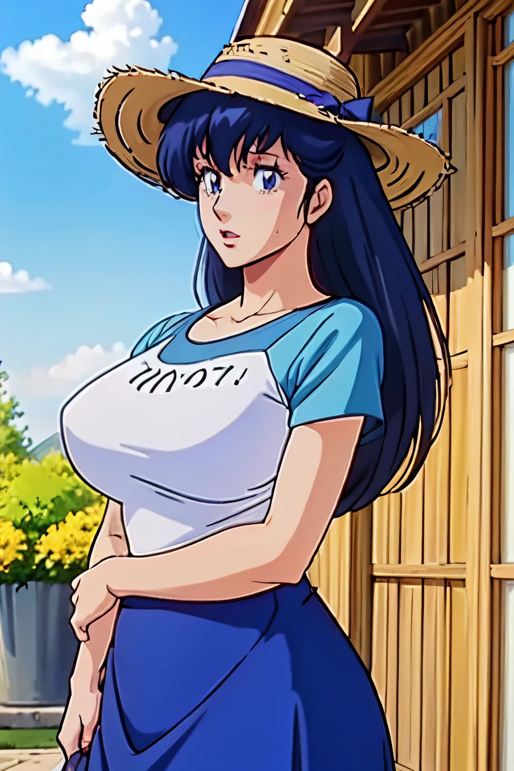 from  front below, cowboy shot , Directly in front, in summer, Plateau, 
 (masterpiece, best quality:1.2), collarbone, 
long hair,  bangs, darkblue eyes, darkblue hair, 1 girl, 34yo, mature female,Beautiful Finger,Beautiful long legs,Beautiful body,Beautiful Nose,Beautiful character design, perfect eyes, perfect face,expressive eyes,perfect balance,
looking at viewer,(Focus on her face), (innocent_big_eyes:1.0),official art,extremely detailed CG unity 8k wallpaper, perfect lighting,Colorful, Bright_Front_face_Lighting,shiny skin, 
ultra high res,4K,ultra-detailed,
photography, 8K, HDR, highres, absurdres:1.2, Kodak portra 400, film grain, blurry background, bokeh:1.2, lens flare, (vibrant_color:1.2),professional photograph, 
(huge saggy Breasts:1.6), (beautiful_face:1.5),(narrow_waist), ( huge butt:1.2),  ponytail, ribbon, 
, bold makeup,   looking at viewer, (erect nipples:0.9), (Tight-fitting gym clothes),  open mouth, blush, frowned, embarrassed, (sweat), (Straw hat), one-piece dress, sleaveless ,( skyblue long skirt:1.3
), standing,  wind is blowing ,  holding hat down