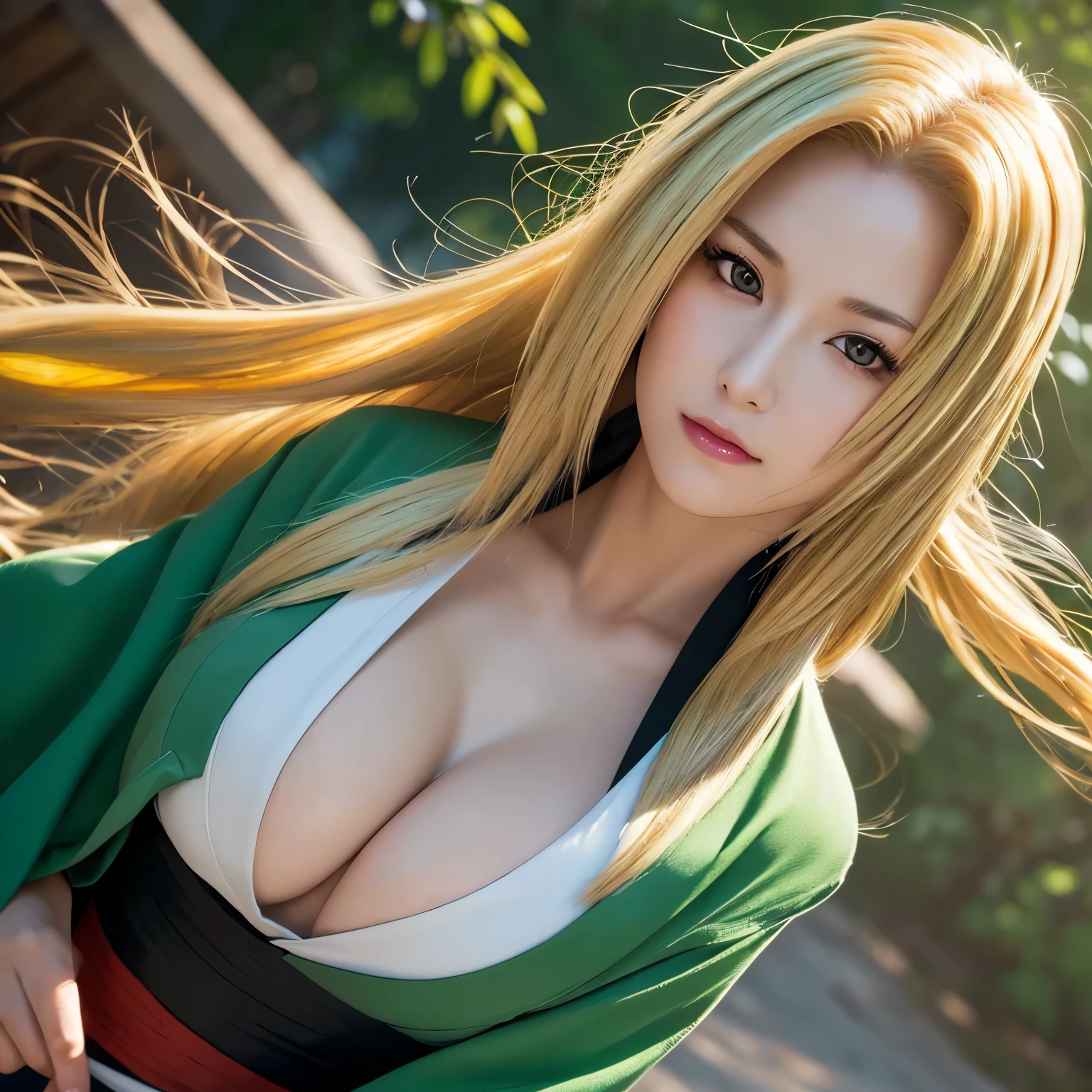 (((masterpiece+highest quality+High resolution+Very detailed))), Tsunade Senju, solo, (([woman]: 1.2 + [beauty]: 1.2 + Long yellow hair: 1.2)), Bright Eyes, Dynamic angles and postures, wallpaper, ((natural big breasts:1.2)), Tsunade costume, (Ultra Realistic:1.5), (Photo Realistic:1.5), (UHD:1.5), A green & black jacket with 賭 (Kake - Gamble) on the back inside a red circle between the shoulder blades, worn over a white kimono top held together with a blue obi belt