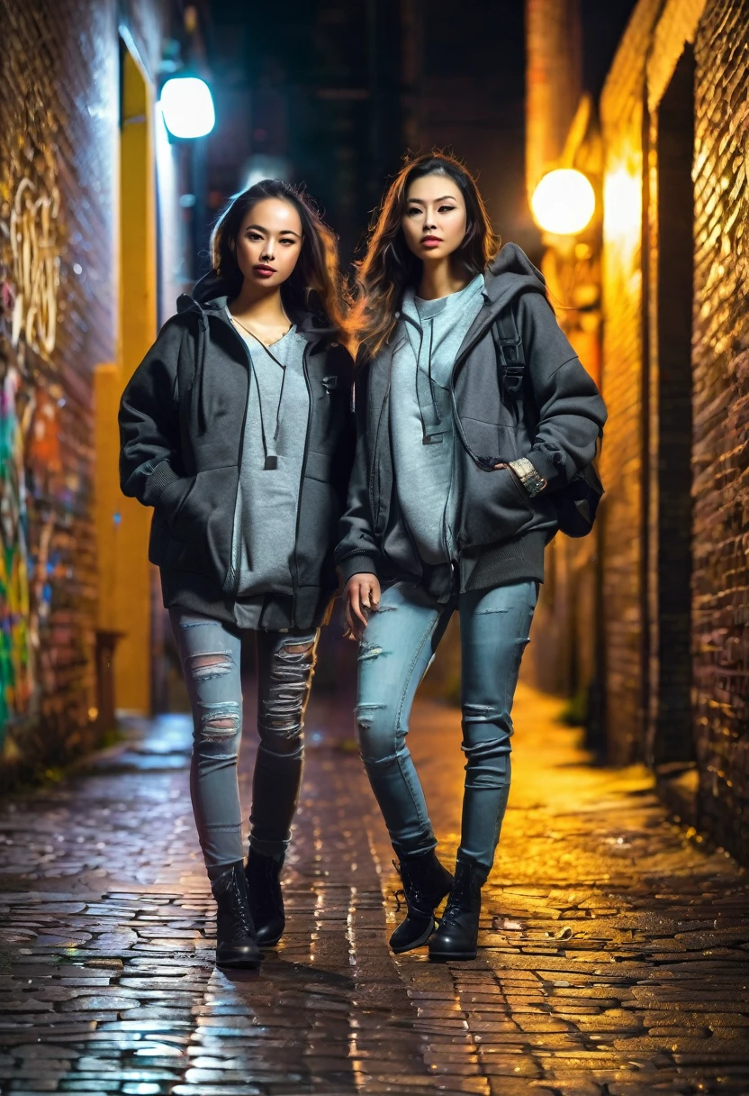 (two using soft street casual clothes for her),
soft street clothes,
light street clothes,
city at night,
smoth colors,
smoth light,
dark grey color grading,
mid cut boots,
casual watch,
wet street,
sub urban street,
walls made with bricks,
graffiti,
hdr,
