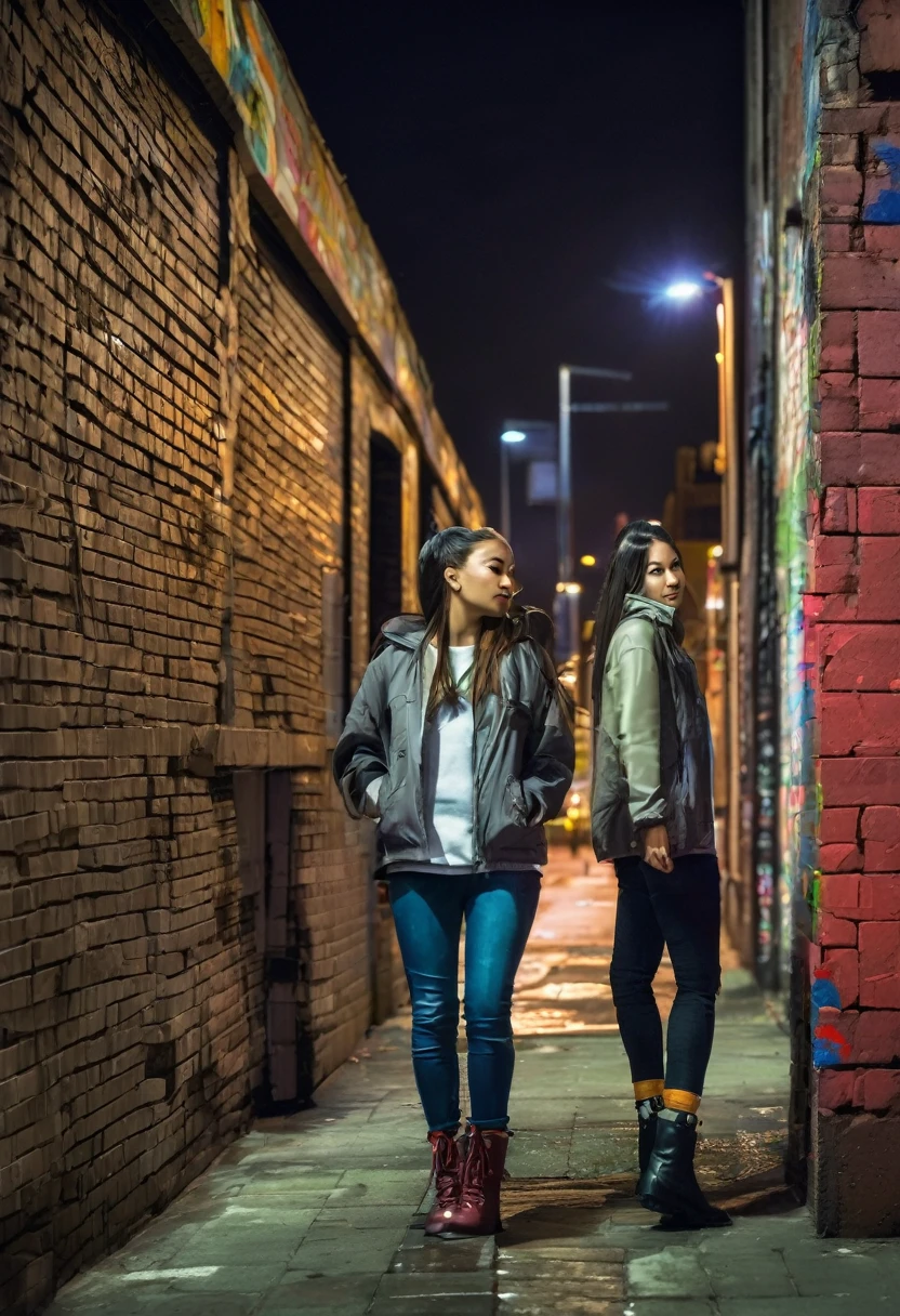 (two using soft street casual clothes for her),
soft street clothes,
light street clothes,
city at night,
smoth colors,
smoth light,
dark grey color grading,
mid cut boots,
casual watch,
wet street,
sub urban street,
walls made with bricks,
graffiti,
hdr,