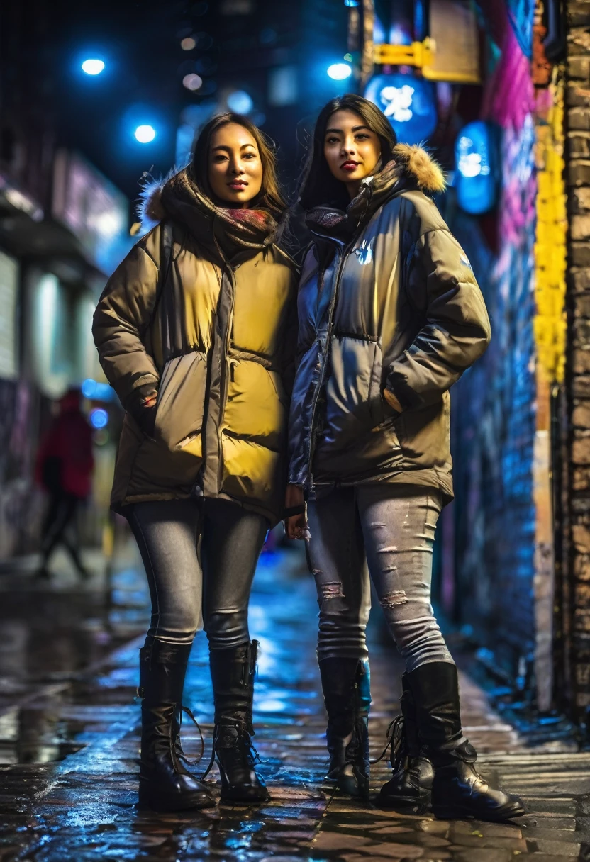(two using soft street casual clothes for her),
soft street clothes,
light street clothes,
city at night,
smoth colors,
smoth light,
dark grey color grading,
mid cut boots,
casual watch,
wet street,
sub urban street,
walls made with bricks,
graffiti,
hdr,