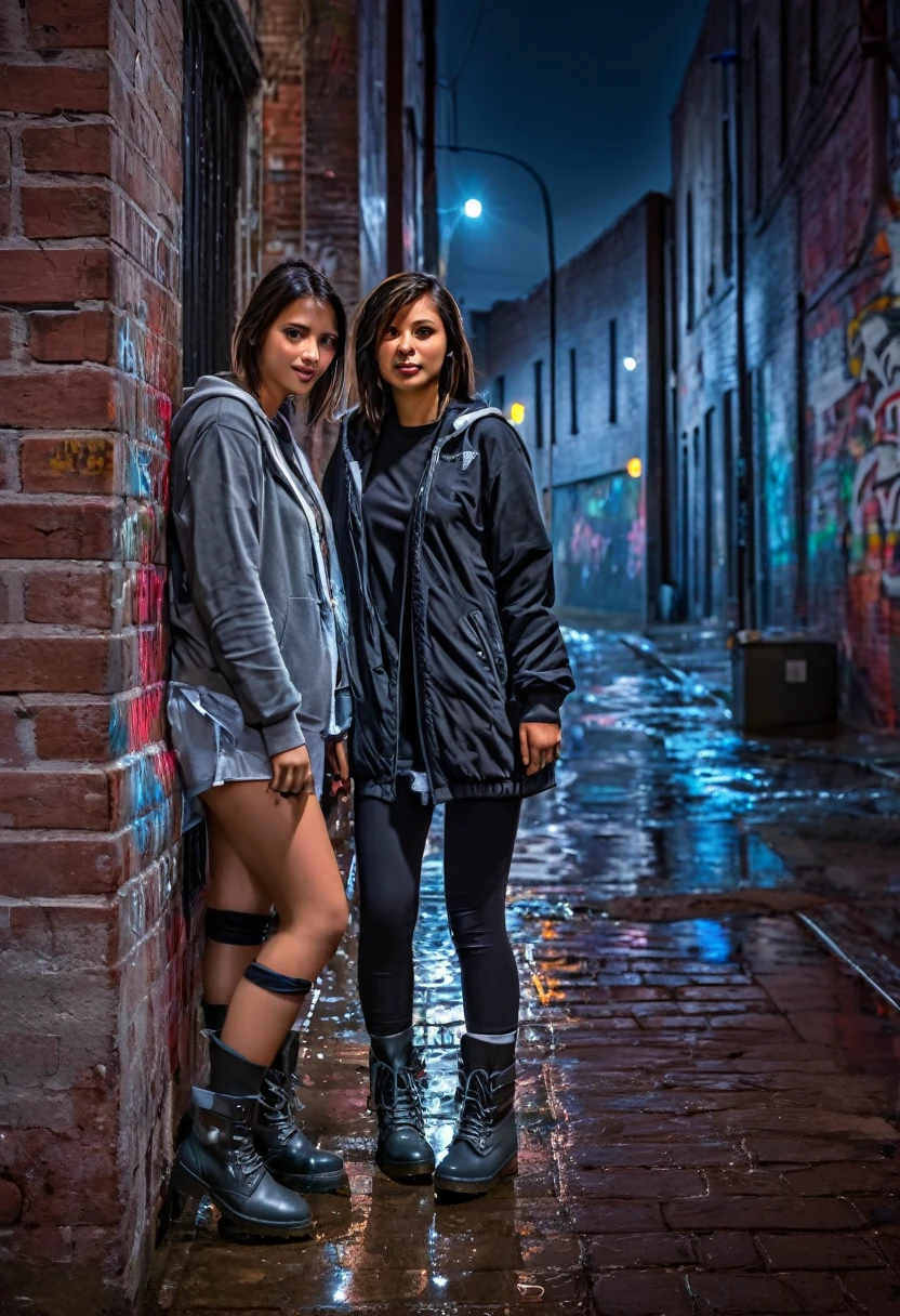 (two using soft street casual clothes for her),
soft street clothes,
light street clothes,
city at night,
smoth colors,
smoth light,
dark grey color grading,
mid cut boots,
casual watch,
wet street,
sub urban street,
walls made with bricks,
graffiti,
hdr,