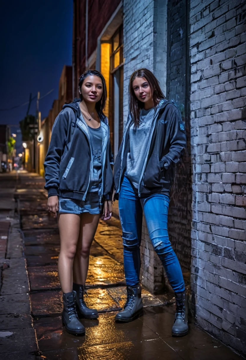 (two using soft street casual clothes for her),
soft street clothes,
light street clothes,
city at night,
smoth colors,
smoth light,
dark grey color grading,
mid cut boots,
casual watch,
wet street,
sub urban street,
walls made with bricks,
graffiti,
hdr,