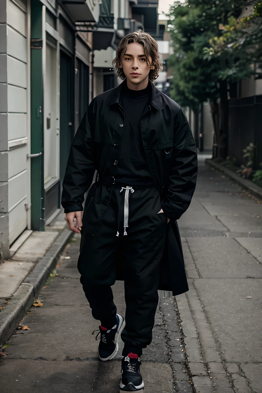 Blonde boy with brown eyes in gray coat and black sneakers 