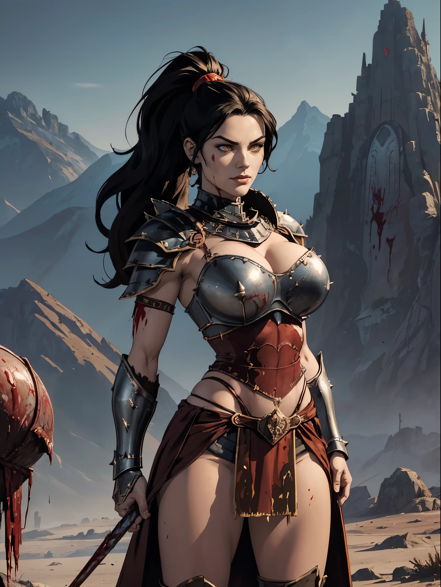 (masterpiece, top quality, best quality, official art, beautiful and aesthetic:1.2), (1girl:1.3), ((Sharp facial features, sharp features, hawkish features)), ((pale skin, orange eyes, big hair, long black hair, ponytail)), big tiddy chaos warrior girl, extremely detailed, portrait, looking at viewer, solo, (full body:0.6), detailed background, full-body shot, (hot desert mountain theme:1.1), chaos warrior, (spiky helmet), charlatan, smirk, mysterious, swaying in mountains, armor, red metal, brass trim, long boots, blood red fabric, pelvic curtain, loincloth, black leather, ((((spear, heavy armor, blood, blood splatter, armored, gigantic breasts, long legs, pelvic curtain, toned, muscular)))), cute belly button, toned tummy, slim waist, slim hips, long legs, medieval (mountain exterior:1.1) background, dark mysterious lighting, shadows, magical atmosphere, dutch angle