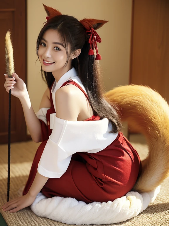 ((highest quality, 32k)), ((masterpiece)), (Familiar), Perfect Face, vixen, Pretty girl, Company Office, Has a tail, She has a northern fox tail., She stands up her fluffy tail, Dog collar, Beautiful hip line, She is wearing a shrine maiden outfit., A big tail sticks out, smile, Climb on all fours, Nice body