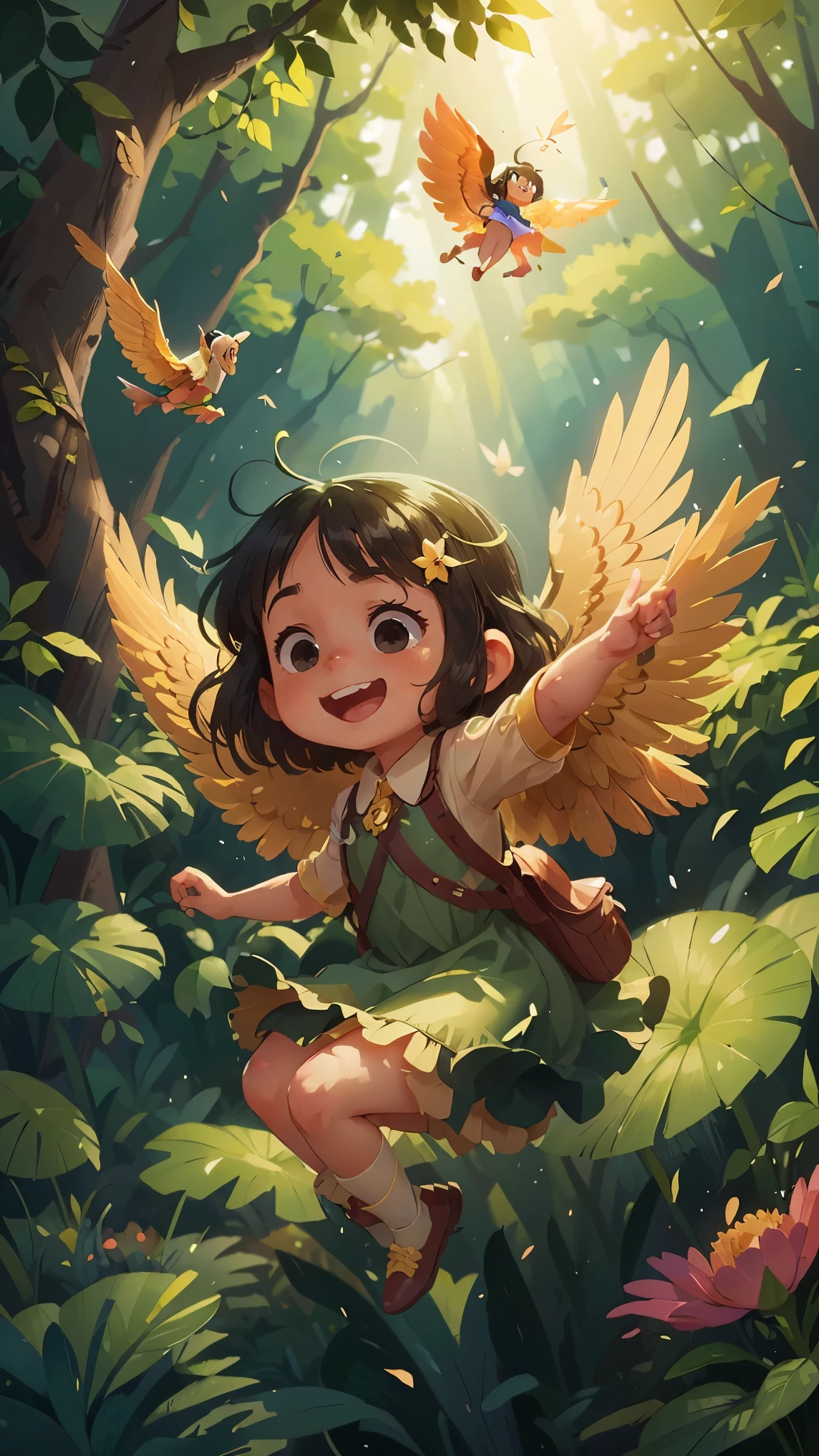 A 5-year-old girl with golden wings happily flies in the forest，Vision，Wearing a green dress，There are several paper airplanes around，Smiling，happiness，black hair，Exquisite facial features，Delicate fingers，All around is flowers，like，Advanced Temperature Control