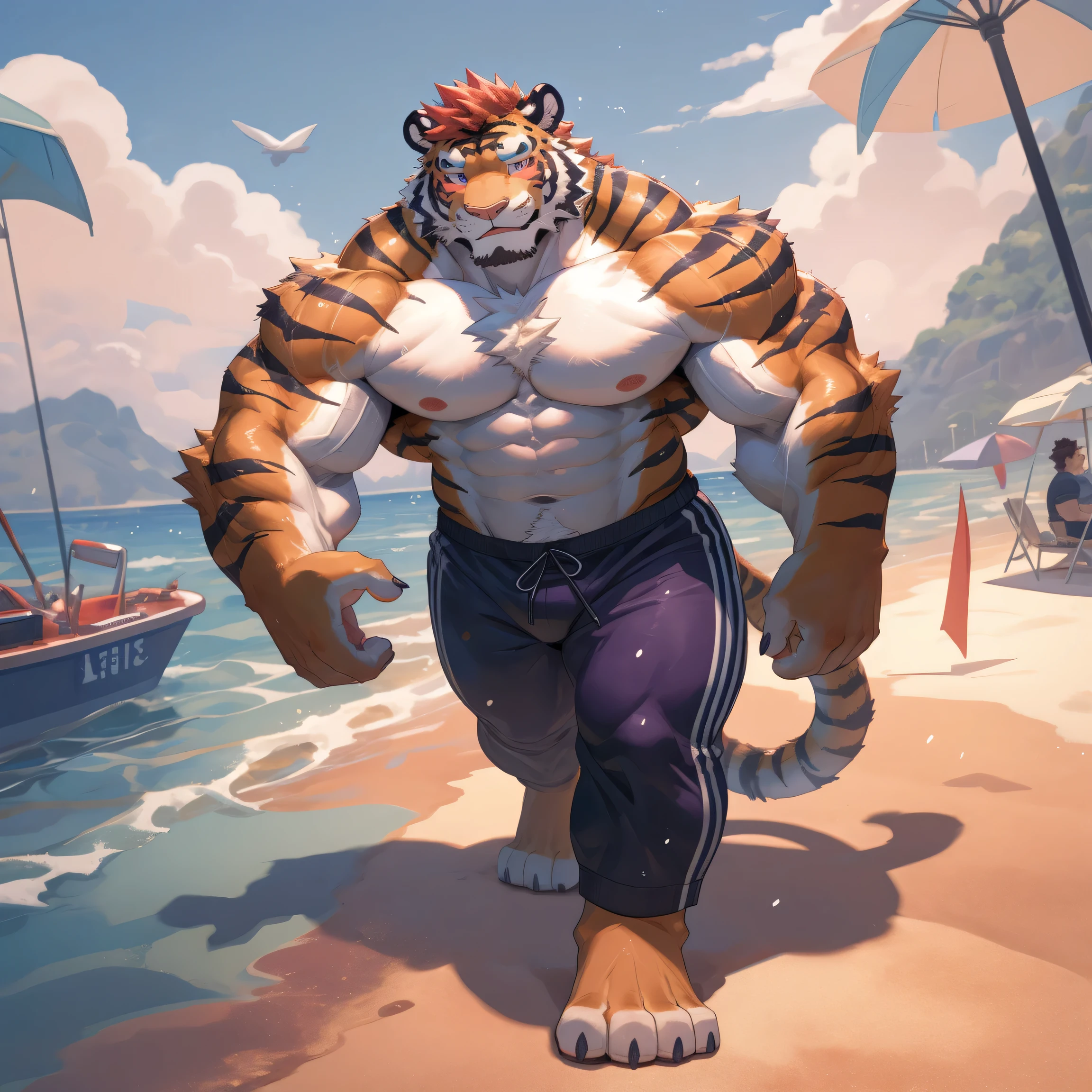 masterpiece, best quality, 8k resolution, Very detailed, hairy，tiger，red hair，muscle，Strong，Super large muscle，Purple pupils，Cunning，For the audience，Blushing，Shirtless，Swimming pants，portrait，Hip bulge，Highest quality scene，Solitary，solitary，seaside，barefoot