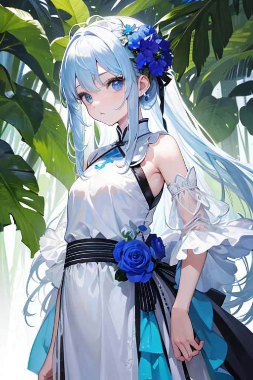 toddler girl, standing the Rainforest, White long , Blue eyes, big eyes,droopy eyes, With blue flower corsage , Cheongsam, Slender body,upper body,detailed face, photorealistic, detailed body, ultra-detailed, best quality,wide angle