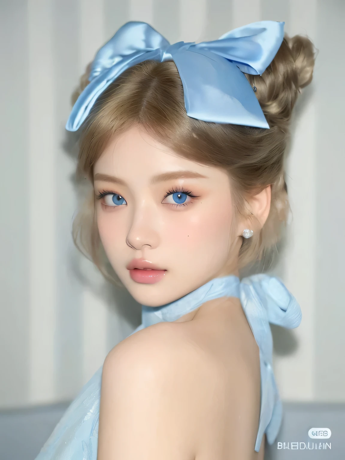 Imagen arafed de una mujer con un lazo azul en la cabeza., pastel blue eyes, maquillaje popular de corea del sur, pale and light skin!!, retrato realista kawaii, Maquillaje coreano popular, maquillaje en colores pastel, pale porcelain skin, sakimichan, pale bluish skin, bella delfina, pale blue eyes, Kim Jennie, Jennie from Black Pink, pale porcelain white skin