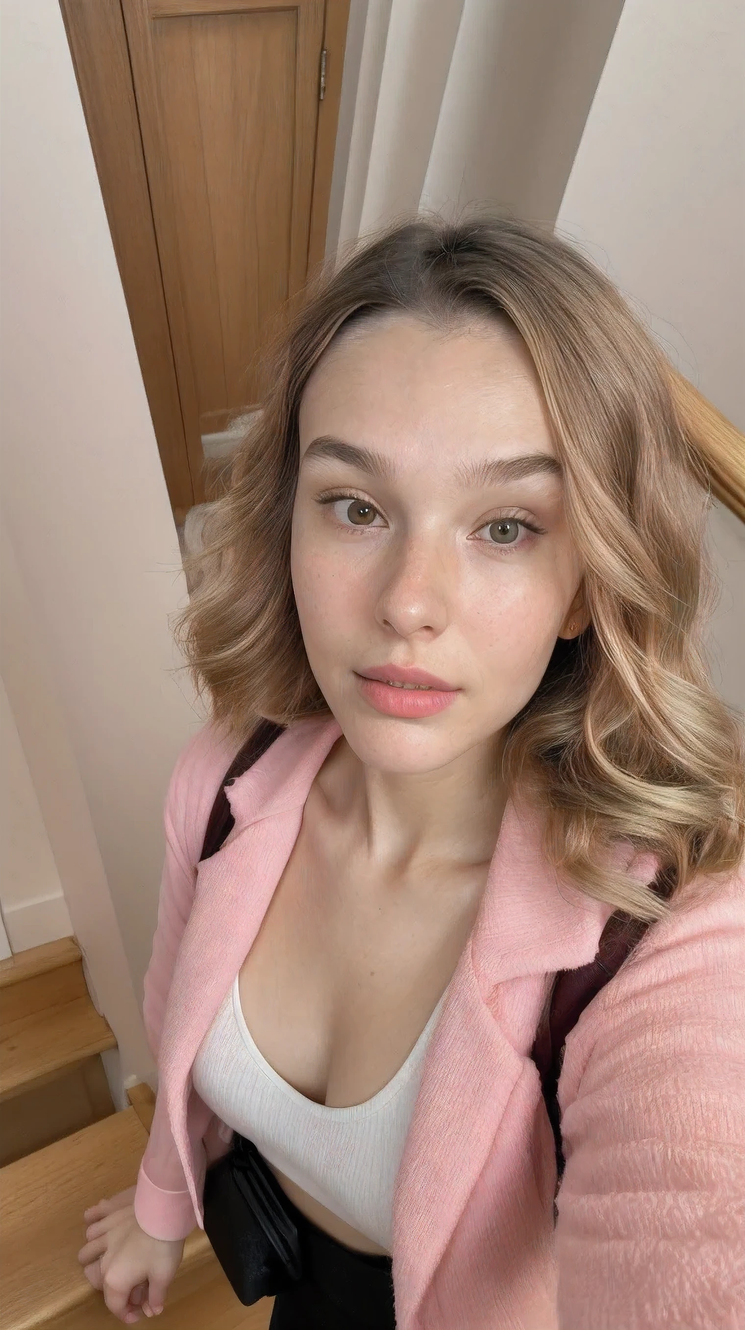 (high angle, closeup on face:1.2), selfiy, photo of JadeLloyd, she is wearing pink red blazer , she is wearing wrist scrunchie, her hair is styled as brown Curly Glamour Waves, BREAK she is (in the staircase:1.1), soft fill lighting, shot on Bolex H16, neutral density filter,8mm fisheye lens ,Porta 160 , chromatic abrasion, blushing, shy, realistic skin texture, 