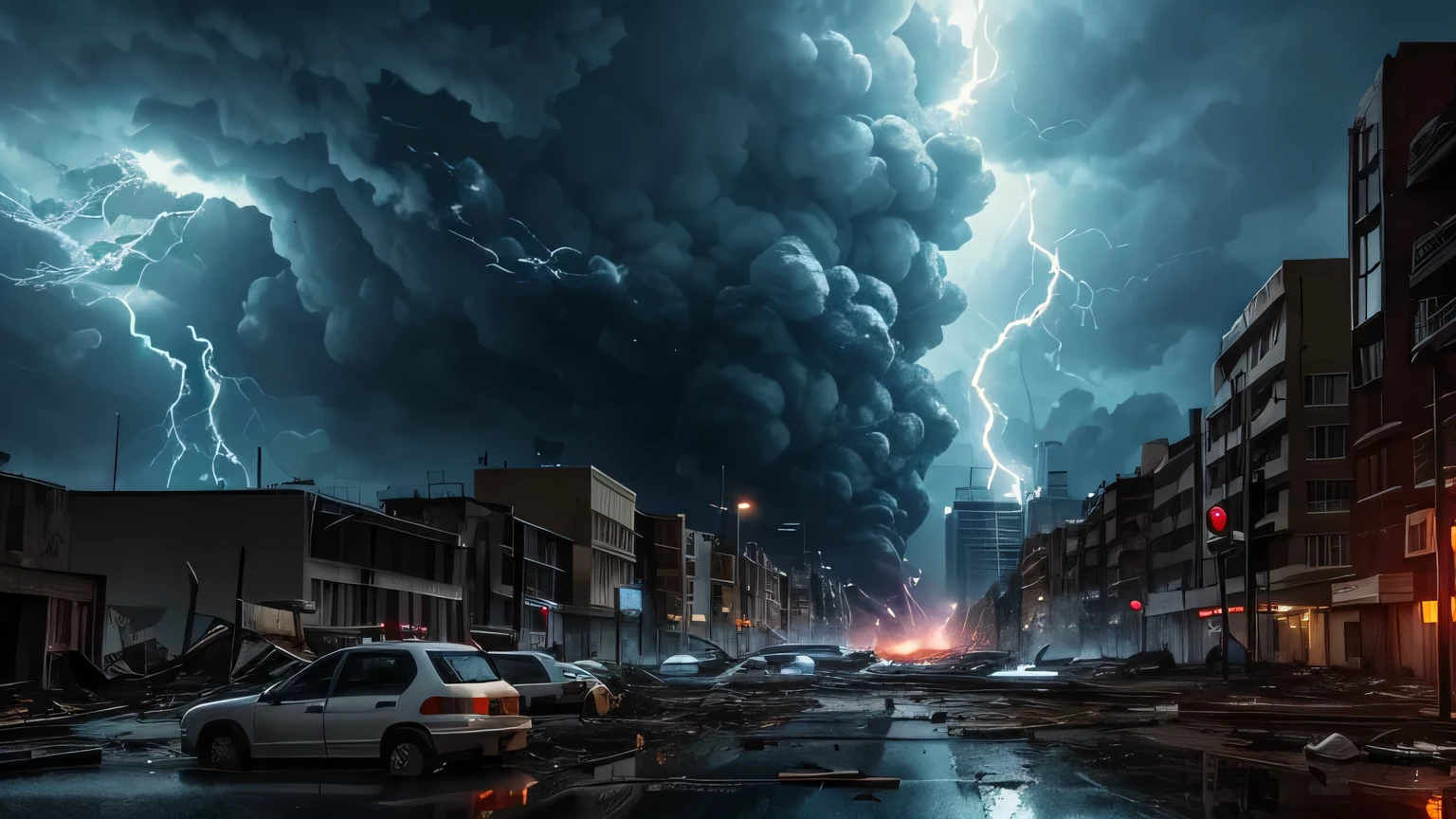 dramatic and turbulent urban scene in the midst of a natural disaster. The water sky is ready for ominous storm clouds and a powerful tornado, creating a dark and threatening atmosphere. Several buildings in the urban landscape are seriously damaged; a sky gun is tilted dangerously, while another has already begun to crumble. Debris and broken structures are scattered in red, and the lighting suggests an intense and chaotic environment. The overall scene captures the destructive force of the storm, highlighting the devastation caused to the city