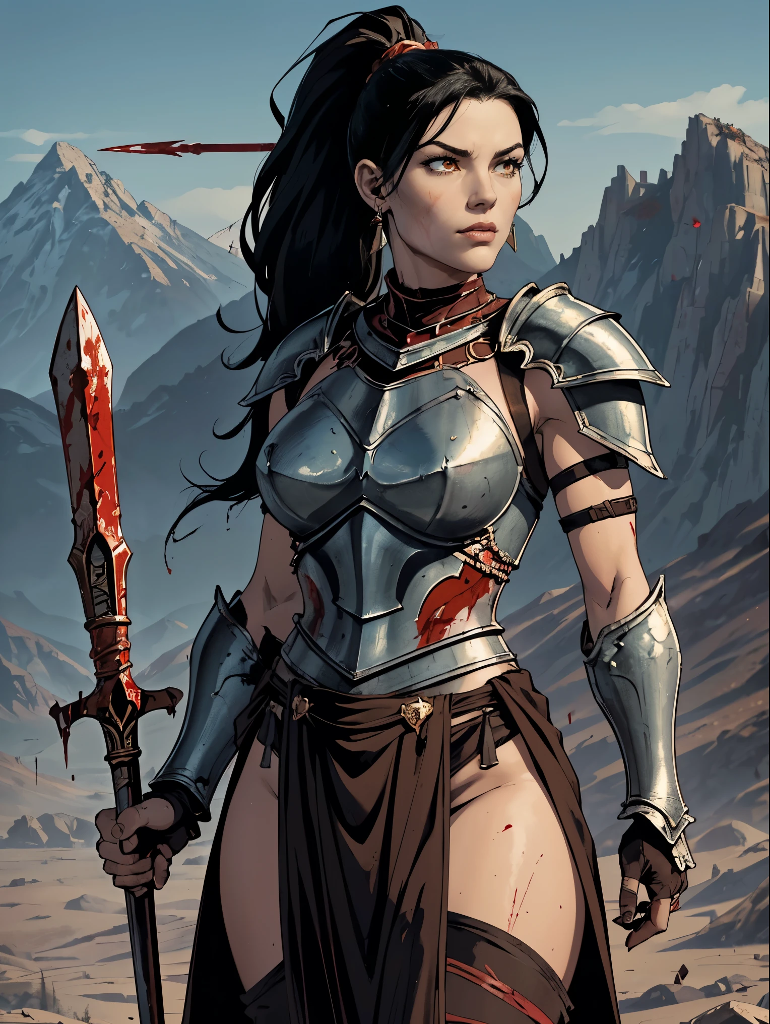 (masterpiece, top quality, best quality, official art, beautiful and aesthetic:1.2), (1girl:1.3), ((Sharp facial features, sharp features, hawkish features)), ((pale skin, orange eyes, big hair, long black hair, ponytail)), busty chaos warrior girl, extremely detailed, portrait, looking at viewer, solo, (full body:0.6), detailed background, full-body shot, (hot desert mountain theme:1.1), chaos warrior, (helmet), charlatan, smirk, mysterious, swaying in mountains, armor, red metal, brass trim, long boots, blood red fabric, pelvic curtain, loincloth, black leather, ((((spear, heavy armor, blood, blood splatter, armored, long legs, pelvic curtain, toned, muscular)))), slim waist, slim hips, long legs, medieval (mountain exterior:1.1) background, dark mysterious lighting, shadows, magical atmosphere, dutch angle