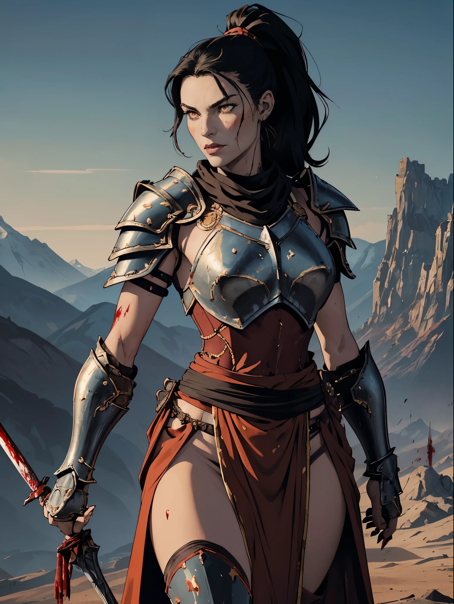 (masterpiece, top quality, best quality, official art, beautiful and aesthetic:1.2), (1girl:1.3), ((Sharp facial features, sharp features, hawkish features)), ((pale skin, orange eyes, big hair, long black hair, ponytail)), busty chaos warrior girl, extremely detailed, portrait, looking at viewer, solo, (full body:0.6), detailed background, full-body shot, (hot desert mountain theme:1.1), chaos warrior, (helmet), charlatan, smirk, mysterious, swaying in mountains, armor, red metal, brass trim, long boots, blood red fabric, pelvic curtain, loincloth, black leather, ((((spear, heavy armor, blood, blood splatter, armored, long legs, pelvic curtain, toned, muscular)))), slim waist, slim hips, long legs, medieval (mountain exterior:1.1) background, dark mysterious lighting, shadows, magical atmosphere, dutch angle