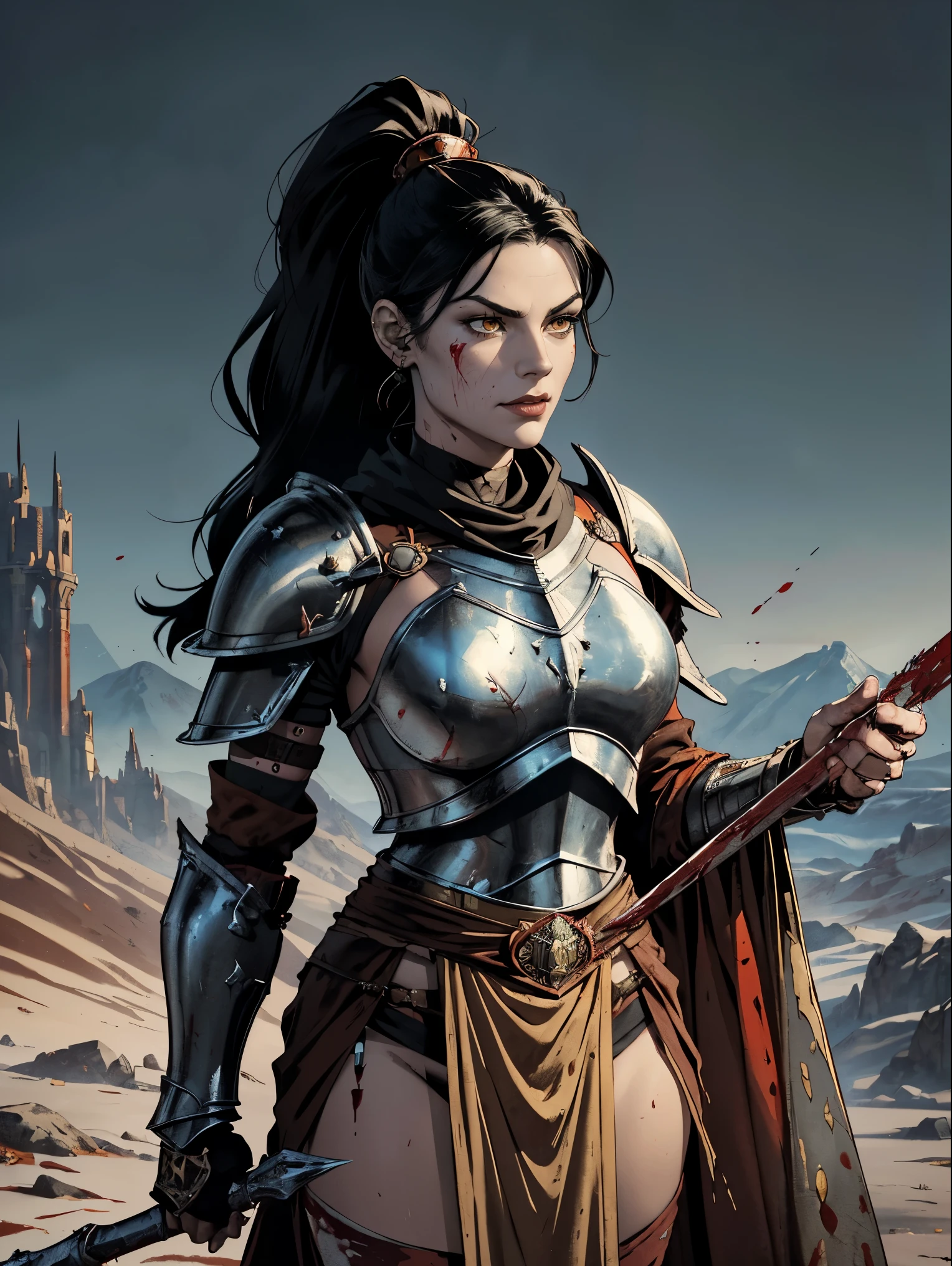 (masterpiece, top quality, best quality, official art, beautiful and aesthetic:1.2), (1girl:1.3), ((Sharp facial features, sharp features, hawkish features)), ((pale skin, orange eyes, big hair, long black hair, ponytail)), busty chaos warrior girl, extremely detailed, portrait, looking at viewer, solo, (full body:0.6), detailed background, full-body shot, (hot desert mountain theme:1.1), chaos warrior, (helmet), charlatan, smirk, mysterious, swaying in mountains, armor, red metal, brass trim, long boots, blood red fabric, pelvic curtain, loincloth, black leather, ((((spear, heavy armor, blood, blood splatter, armored, long legs, pelvic curtain, toned, muscular)))), slim waist, slim hips, long legs, medieval (mountain exterior:1.1) background, dark mysterious lighting, shadows, magical atmosphere, dutch angle
