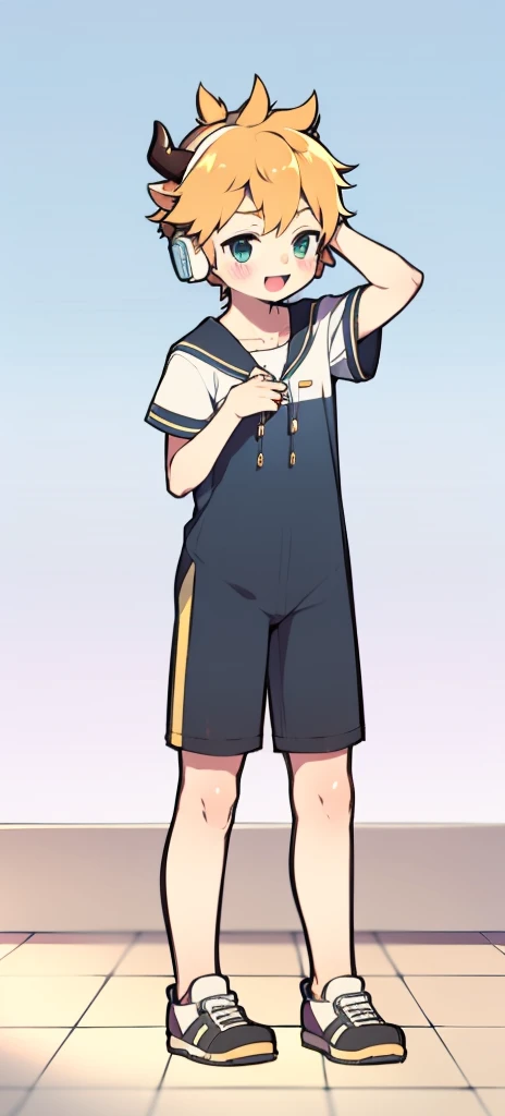 Second dimension boy teenager,One-piece pajamas,horn,Cow ears,Put the headphones on your head,stand up,goggles,sports shoes,Slim,Sailor collar,White knee socks,Short sleeve shorts,Leg ring,cute,happy