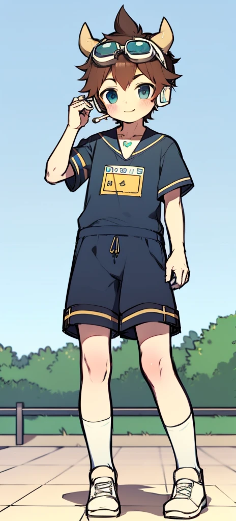 Second dimension boy ager,One-piece pajamas,horn,Cow ears,Put the headphones on your head,stand up,goggles,sports shoes,Slim,Sailor collar,White knee socks,Short sleeve shorts,Leg ring,cute,happy