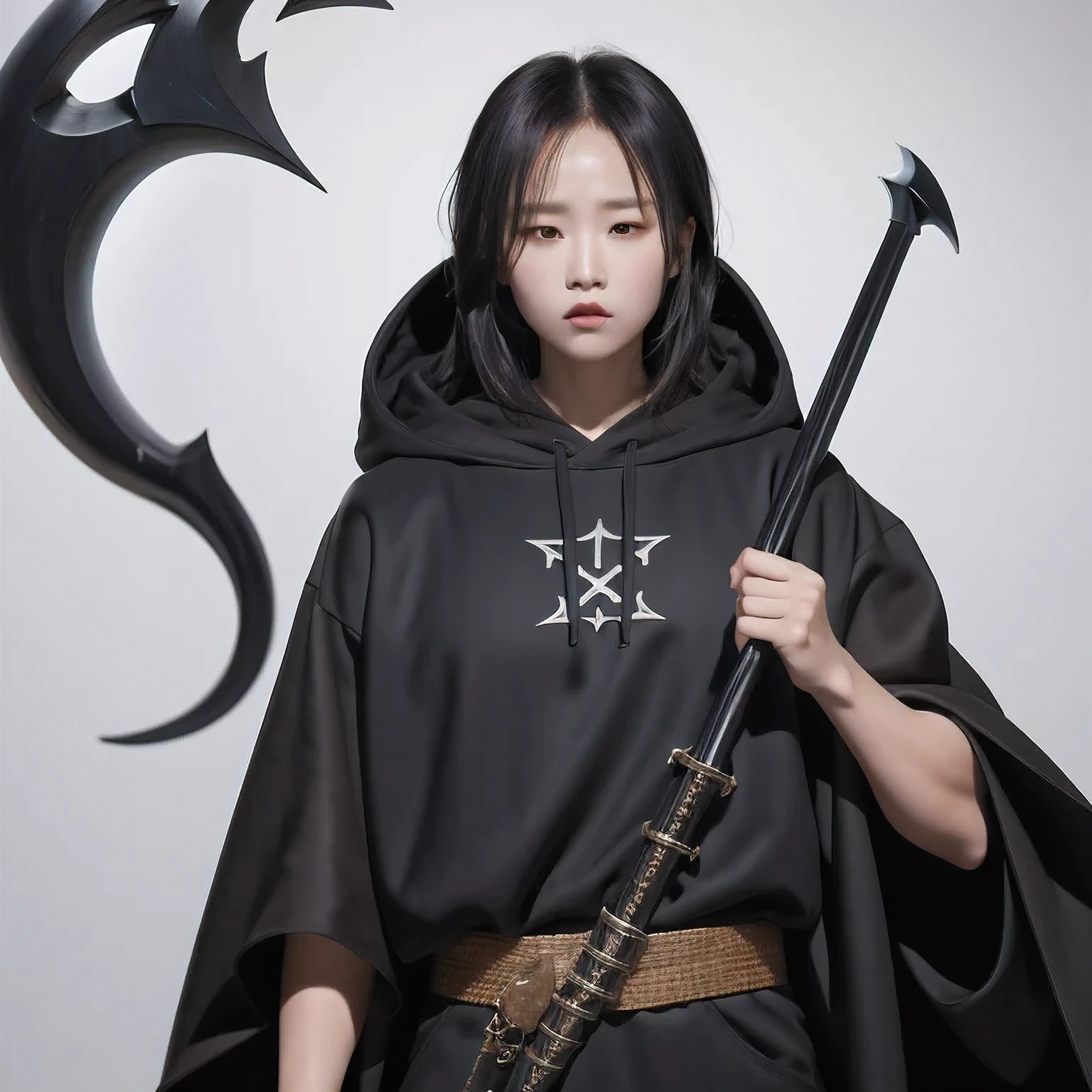 Black Grim Reaper,((flax))Pure white background,Pure black clothes,Pure black hoodie,Pure Black Scythe,Squinting,Dark Canyon,Thick fog rising