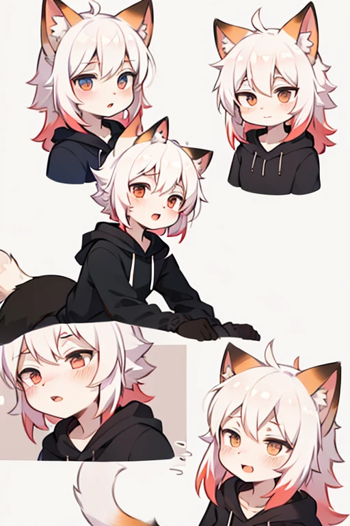 Cat,Facial Expressions,comics,hairy,hairy的,Bust Avatar,White sweatshirt with colorful pattern,Black casual pants,White Stripes,Q version,Lovely,simple art style,Cartoon Style,yawn,tension,ears red hair, White hair on ear tips,Pink hair on back,tail blue,Tip white,