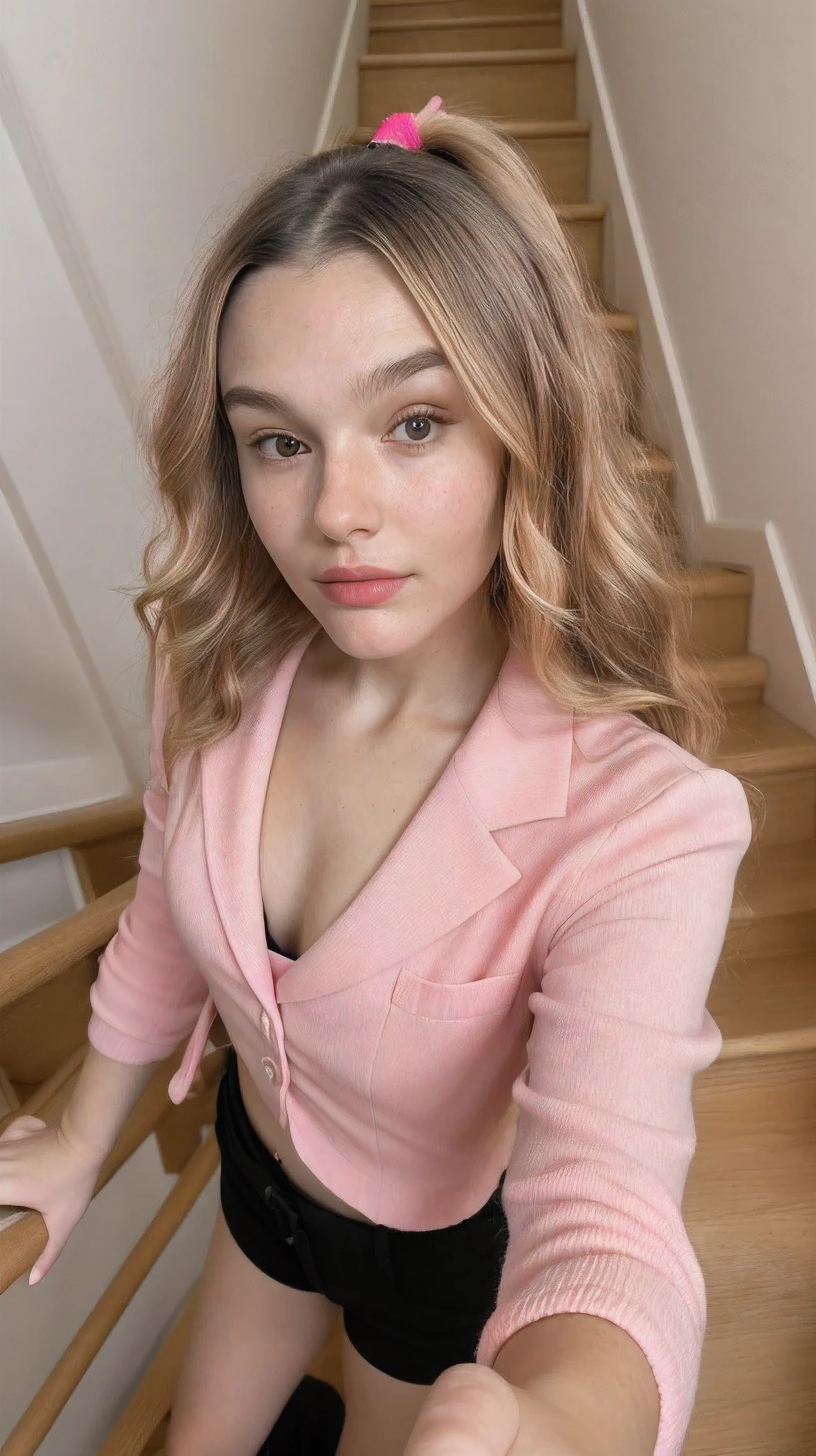 (high angle, closeup on face:1.2), selfiy, photo of JadeLloyd, she is wearing pink red blazer , she is wearing wrist scrunchie, her hair is styled as brown Curly Glamour Waves, BREAK she is (in the staircase:1.1), soft fill lighting, shot on Bolex H16, neutral density filter,8mm fisheye lens ,Porta 160 , chromatic abrasion, blushing, shy, realistic skin texture, 