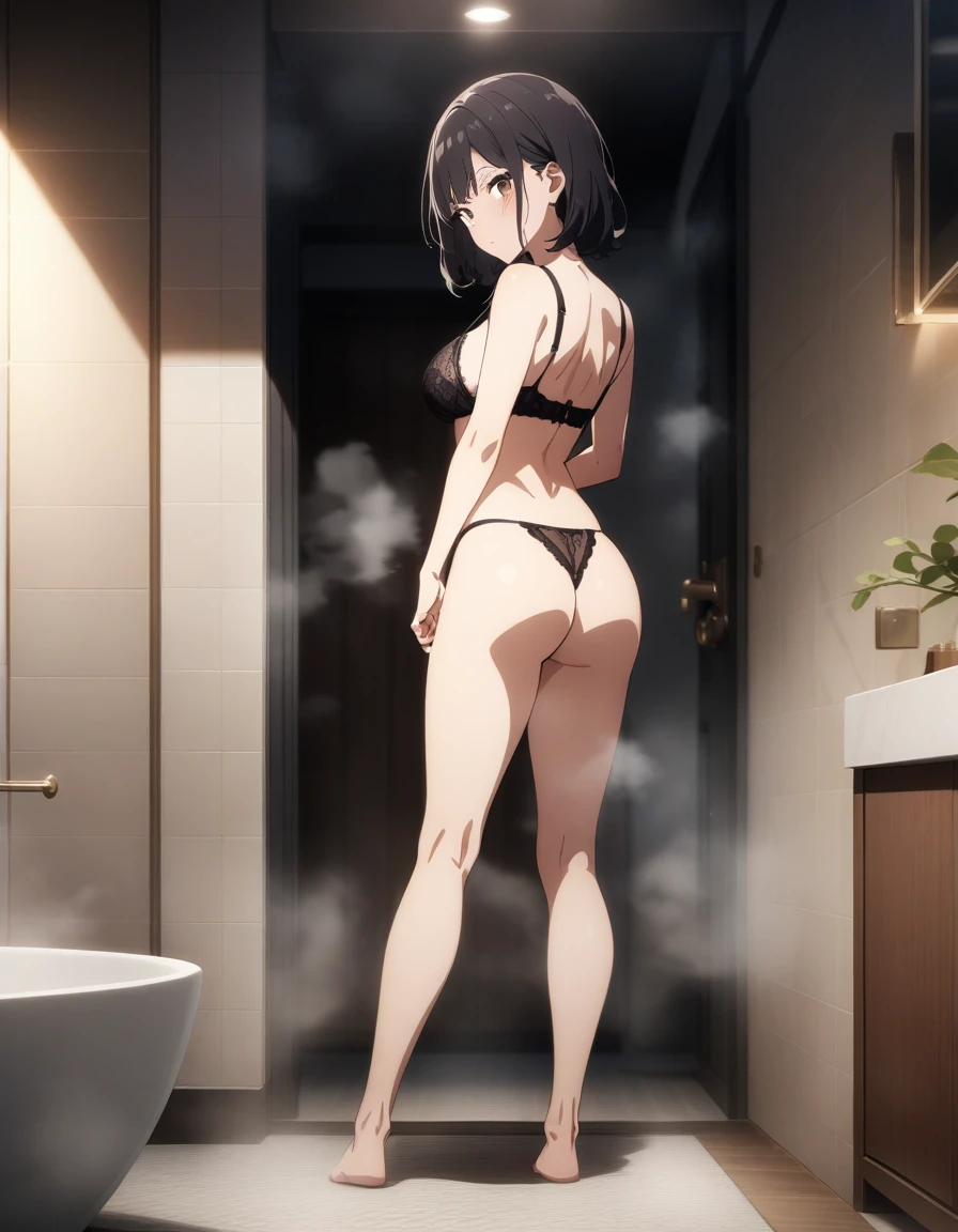 masterpiece, best quality, very aesthetic, absurdres, 1girl, beautiful face, brown eyes, black medium hair, bra, panties, unhook your bra, thong, bathroom, steam, key visual, highly detailed, looking at viewer, full body, back view