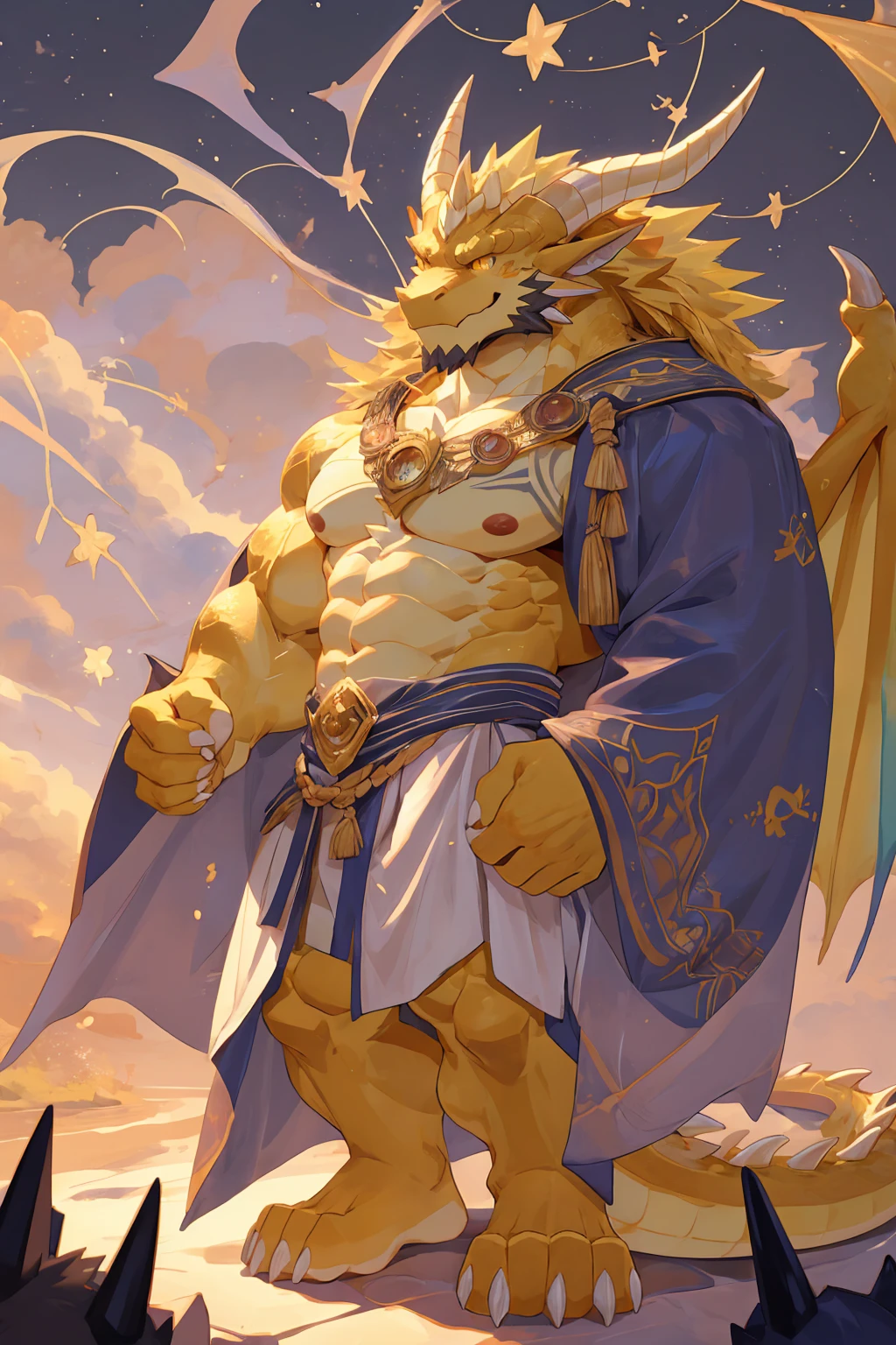 male focus, Handsome 1boy, solitary，protrait photo，single, (White nails, 白色的Dragon Claw:1.3), Long yellow hair, (Yellow dragon wings:1.2), Yellow skin, Yellow tail, (Yellow dragon horn:1.2), Yellow beard, Light yellow tattoo, (perfect golden eyes, Yellow body, Yellow scales, ear:1.3), 
Western Dragon, dragon, dragon boy, dragon body, feet, (evil eyes, big eyes, large eyes:1.3), Dragon Tail, Dragon Tattoo, Dragon Scale, Dragon Beard, Dragon's foot, Dragon Claw, Bare neck, 
Ancient Greek robes, White robe, Barefoot, There are gold patterns on the clothes, 
full body, Mature men, (muscle,Strong male, muscle男, Bare chest muscles:1.1), Red nipples, (Abdominal muscles:1.4), Thick thighs, Standing, Looking at the audience, Focus, Eyes gaze, Slobber, Sticking out tongue, (evil smile, evil grin:1.1), Reach out to the audience, 
full background, (Clouds, rainbow, dream, Dreams:1.1),
Mysterious and romantic atmosphere, Caustic lines(refraction, polarization)Perfect anatomical structure, absurd, Detailed background, Delicate eyes,Printing style。（artist:Takemoto Arashi）