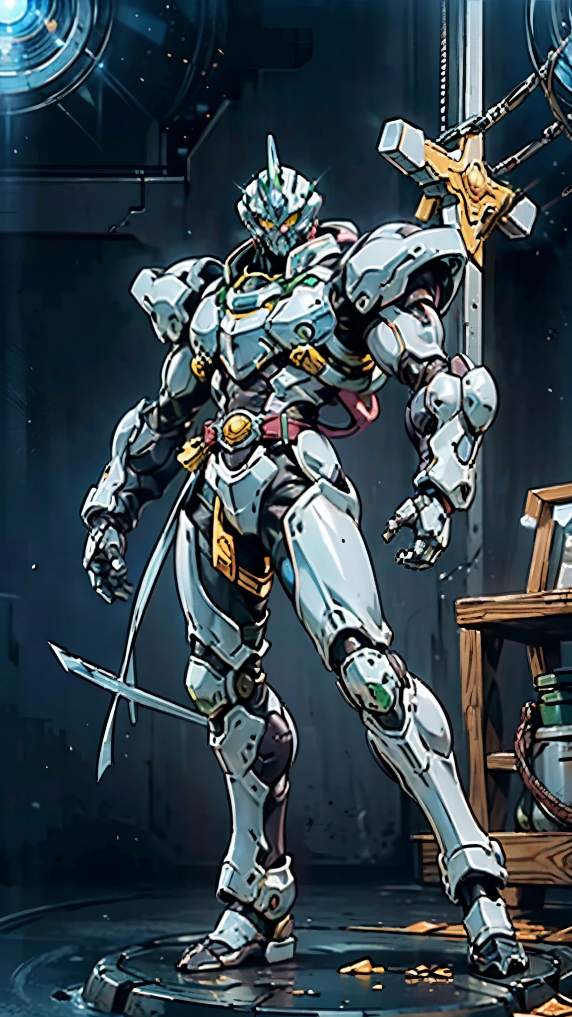 A man wearing a full-face helmet, a fantasy-style biotech armored combat suit, green eyes, (a composite layered chest armor), fully enclosed shoulder guards, matching arm and leg guards, the belt is adorned with cross, (the color scheme is primarily white with golden and blue accents), the design balances heavy with agility, a high-tech bio-mecha armor, (Armor Concept Inspired by Paladin, stand on the top of a skyscraper in a futuristic sci-fi city), this character embodies a finely crafted fantasy-surreal style armored hero in anime style, exquisite and mature manga art style, (battle damage, element, plasma, energy, the armor glows), ((male:1.5)), metallic, real texture material, dramatic, high definition, best quality, highres, ultra-detailed, ultra-fine painting, extremely delicate, professional, perfect body proportions, golden ratio, anatomically correct, symmetrical face, extremely detailed eyes and face, high quality eyes, creativity, RAW p