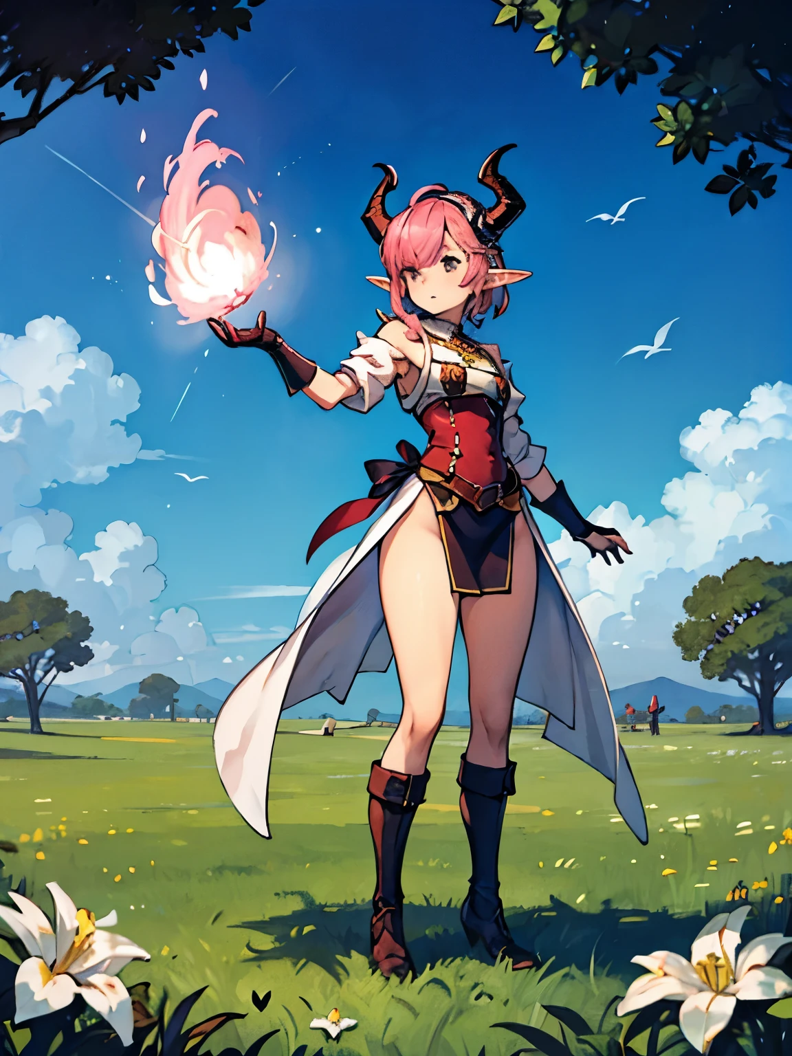 One femboy with dragon horns and tail pink hair and elf ears dressed up as mage standing in a grassland firing magic