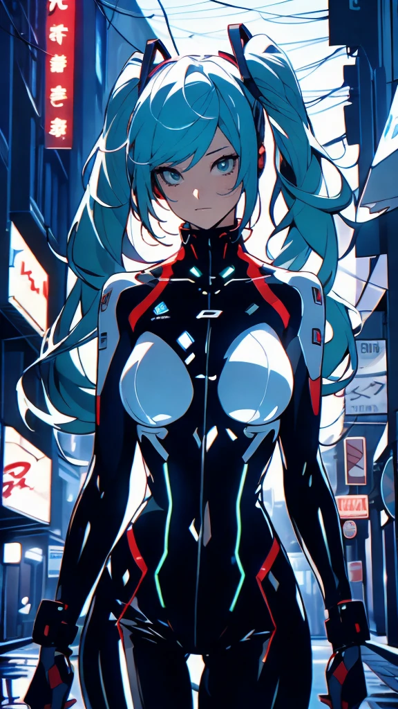 ((Highest quality))、(masterpiece)、Hatsune Miku VOCALOID、(Twin tails)、Light blue hair、Water-colored pupils、cyber punk、Ultimate Physical Beauty、Big Ass、(Big Breasts)、Bodysuits、Sexy pose、-yeld gihas electronic visor fitted to her face、red latex body、Cyberpunk mode、(Light blue hair:1.4),Breast enlargement、Neon lights in the dark city at night,Unreal Engine:1.4,Ultra-high resolution,La highest quality:1.4, Realistic:1.4, Skin Texture:1.4, masterpiece:1.8,masterpiece, highest quality,（Beautifully detailed eye depiction）