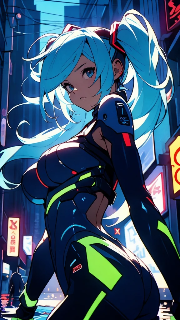 ((Highest quality))、(masterpiece)、Hatsune Miku VOCALOID、(Twin tails)、Light blue hair、Water-colored pupils、cyber punk、Ultimate Physical Beauty、Big Ass、(Big Breasts)、Bodysuits、Sexy pose、12-year-old girl has electronic visor fitted to her face、red latex body、Cyberpunk mode、(Light blue hair:1.4),Breast enlargement、Neon lights in the dark city at night,Unreal Engine:1.4,Ultra-high resolution,La highest quality:1.4, Realistic:1.4, Skin Texture:1.4, masterpiece:1.8,masterpiece, highest quality,(Beautifully detailed eye depiction)