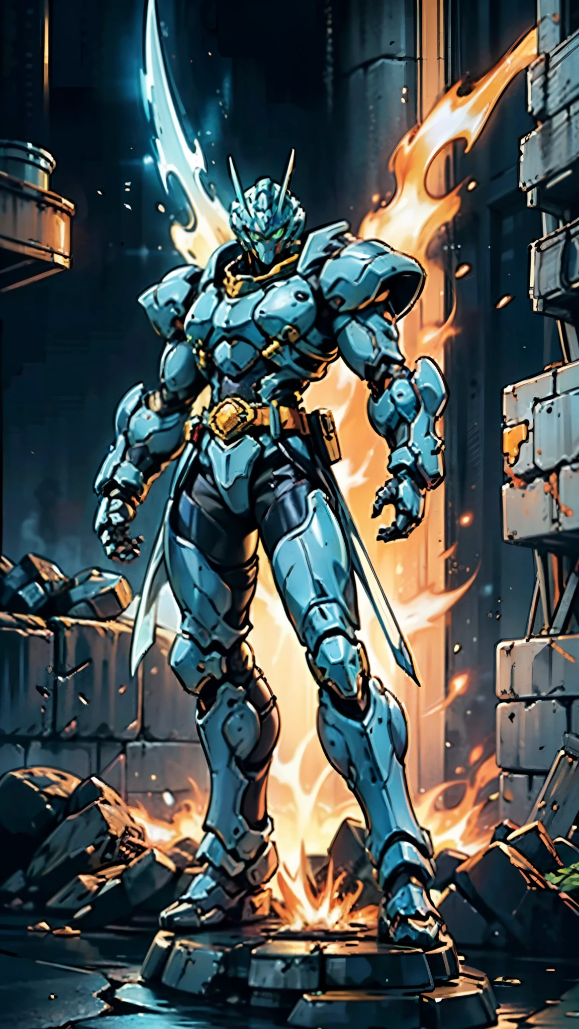 A man wearing a full-face helmet, a fantasy-style biotech armored combat suit, green eyes, (a composite layered chest armor), fully enclosed shoulder guards, matching arm and leg guards, the belt is adorned with cross, (the color scheme is primarily white with golden and blue accents), the design balances heavy with agility, a high-tech bio-mecha armor, (Armor Concept Inspired by Paladin, stand on the top of a skyscraper in a futuristic sci-fi city), this character embodies a finely crafted fantasy-surreal style armored hero in anime style, exquisite and mature manga art style, (battle damage, element, plasma, energy, the armor glows), ((male:1.5)), metallic, real texture material, dramatic, high definition, best quality, highres, ultra-detailed, ultra-fine painting, extremely delicate, professional, perfect body proportions, golden ratio, anatomically correct, symmetrical face, extremely detailed eyes and face, high quality eyes, creativity, RAW p