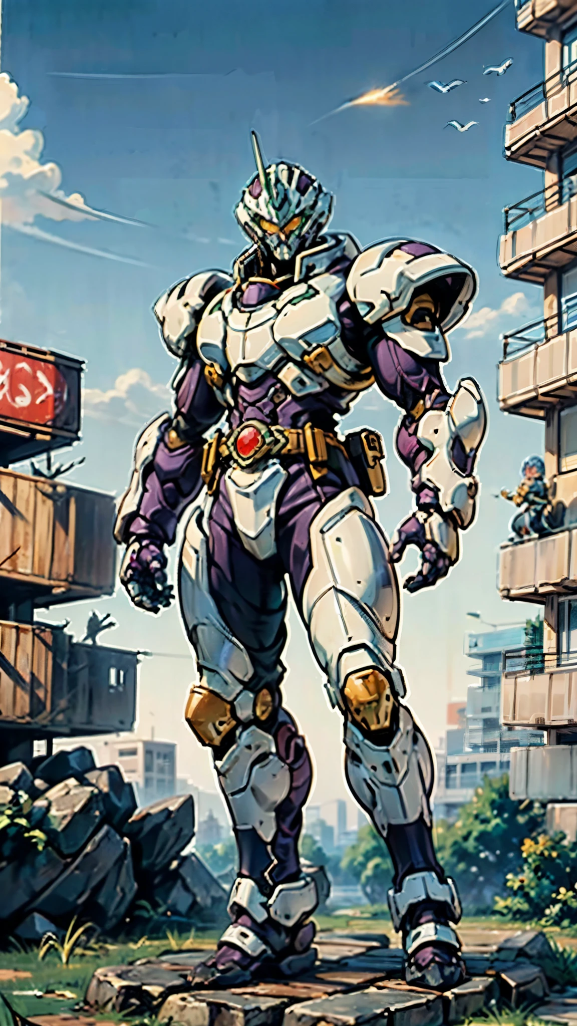 A man wearing a full-face helmet, a fantasy-style biotech armored combat suit, green eyes, (a composite layered chest armor), fully enclosed shoulder guards, matching arm and leg guards, the belt is adorned with cross, (the color scheme is primarily white with golden and blue accents), the design balances heavy with agility, a high-tech bio-mecha armor, (Armor Concept Inspired by Paladin, stand on the top of a skyscraper in a futuristic sci-fi city), this character embodies a finely crafted fantasy-surreal style armored hero in anime style, exquisite and mature manga art style, (battle damage, element, plasma, energy, the armor glows), ((male:1.5)), metallic, real texture material, dramatic, high definition, best quality, highres, ultra-detailed, ultra-fine painting, extremely delicate, professional, perfect body proportions, golden ratio, anatomically correct, symmetrical face, extremely detailed eyes and face, high quality eyes, creativity, RAW p