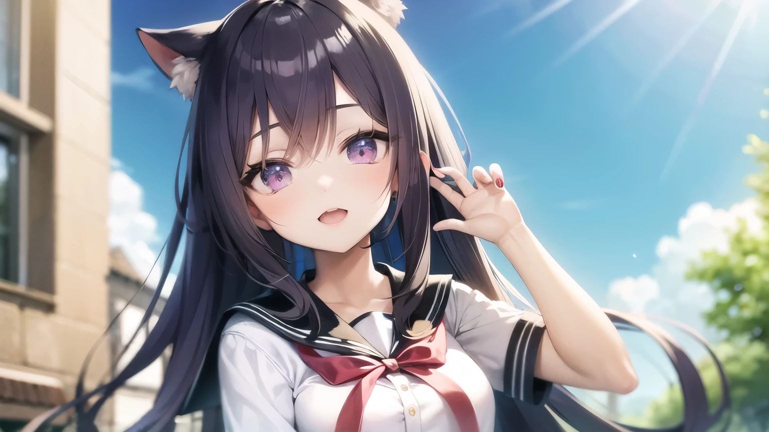 School girl, cat girl, long hair, purple hair, anime style